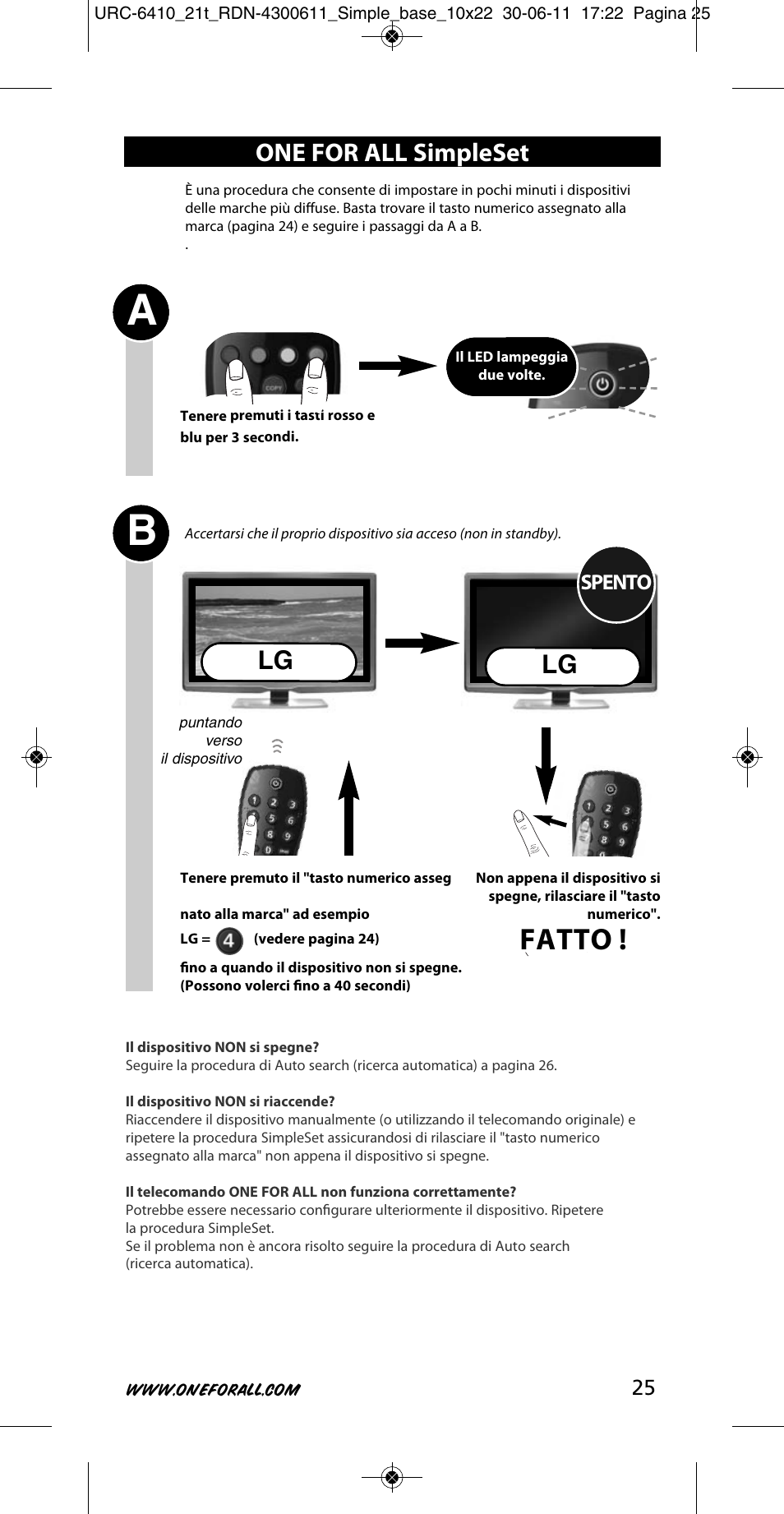 Fatto, One for all simpleset, Spento | One for All URC 6410 Simple TV User Manual | Page 26 / 120