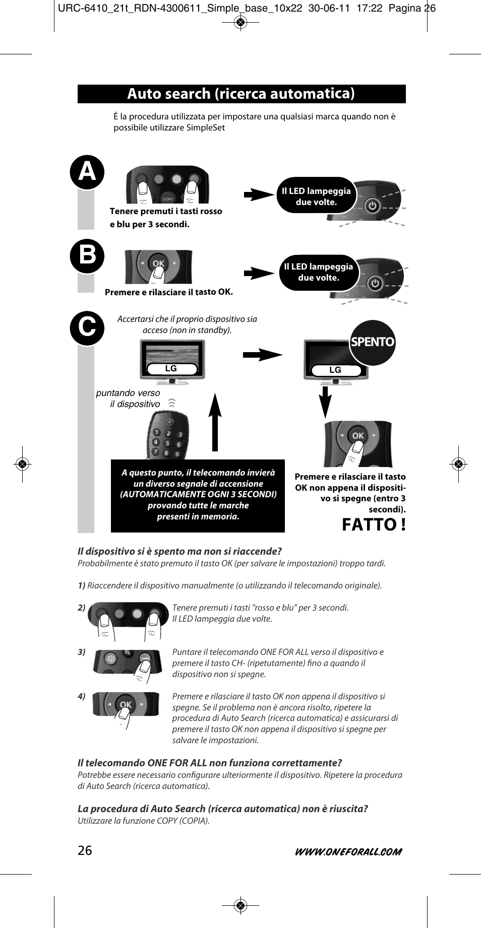 Ab c, Fatto, Auto search (ricerca automatica) | Spento | One for All URC 6410 Simple TV User Manual | Page 27 / 120