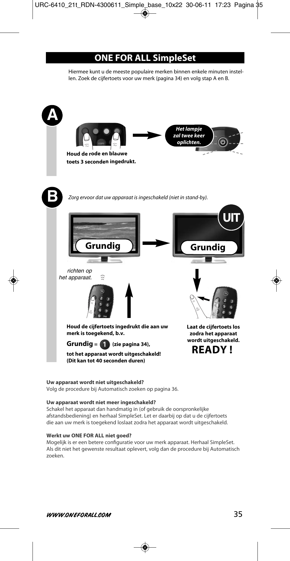 Ready, Grundig, One for all simpleset | One for All URC 6410 Simple TV User Manual | Page 36 / 120