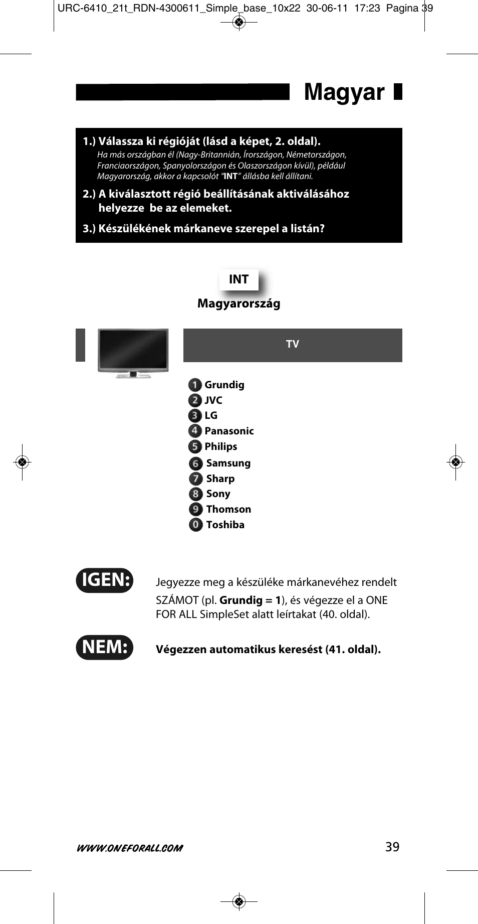 Magyar, Igen | One for All URC 6410 Simple TV User Manual | Page 40 / 120