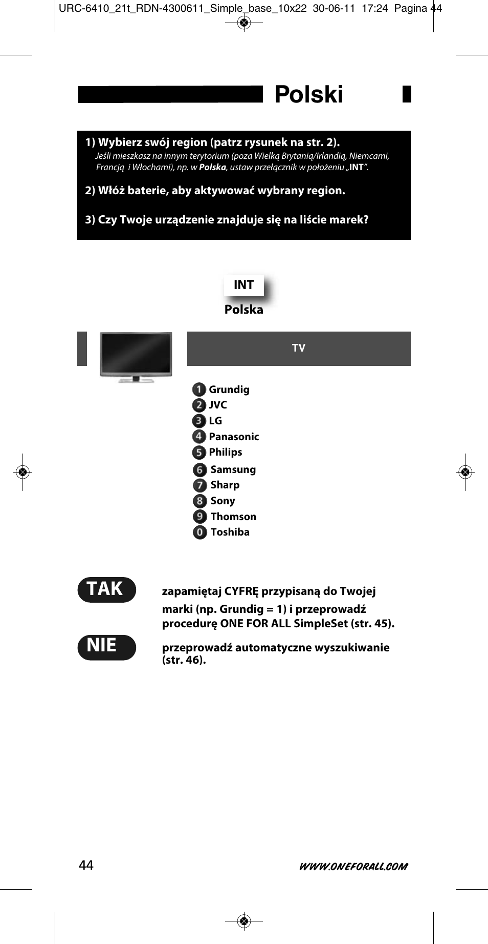 Polski | One for All URC 6410 Simple TV User Manual | Page 45 / 120