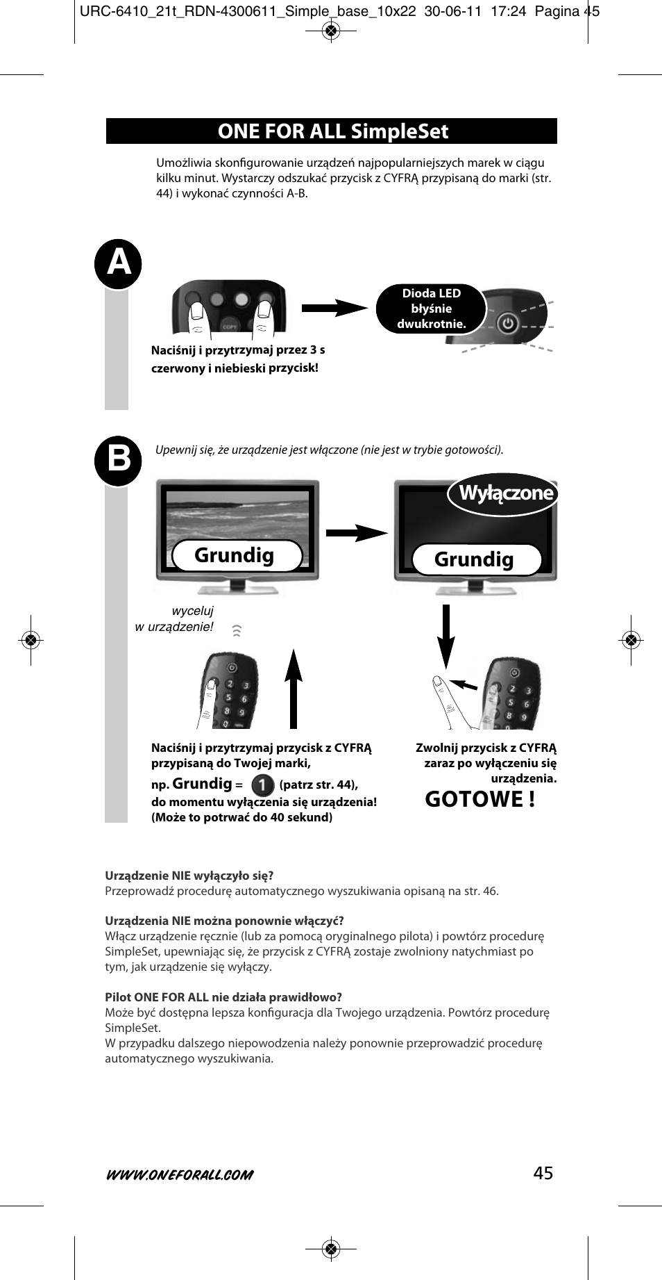 Gotowe, One for all simpleset, Grundig | Grundig wyłączone | One for All URC 6410 Simple TV User Manual | Page 46 / 120