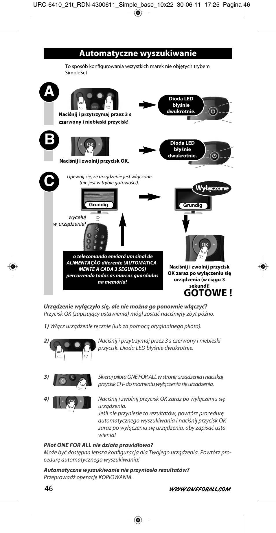 Ab c, Gotowe, Automatyczne wyszukiwanie | Wyłączone | One for All URC 6410 Simple TV User Manual | Page 47 / 120