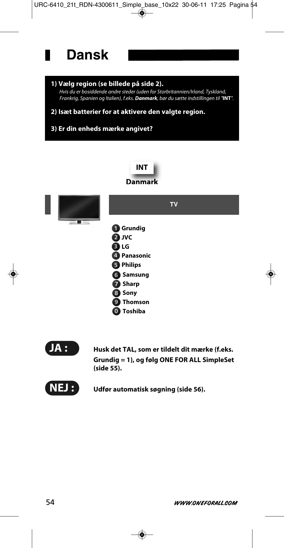 Dansk | One for All URC 6410 Simple TV User Manual | Page 55 / 120