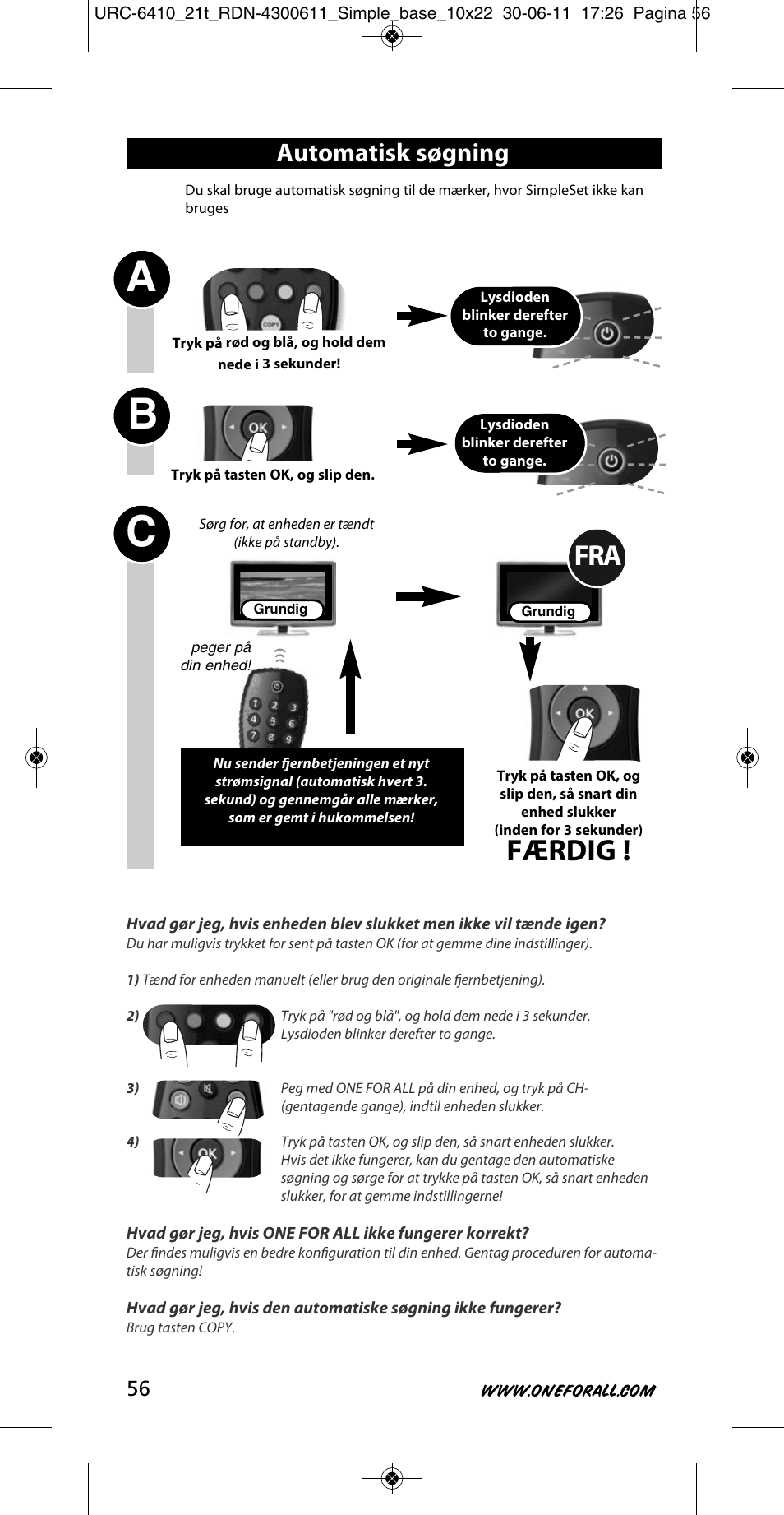 Ab c, Færdig, Automatisk søgning | One for All URC 6410 Simple TV User Manual | Page 57 / 120