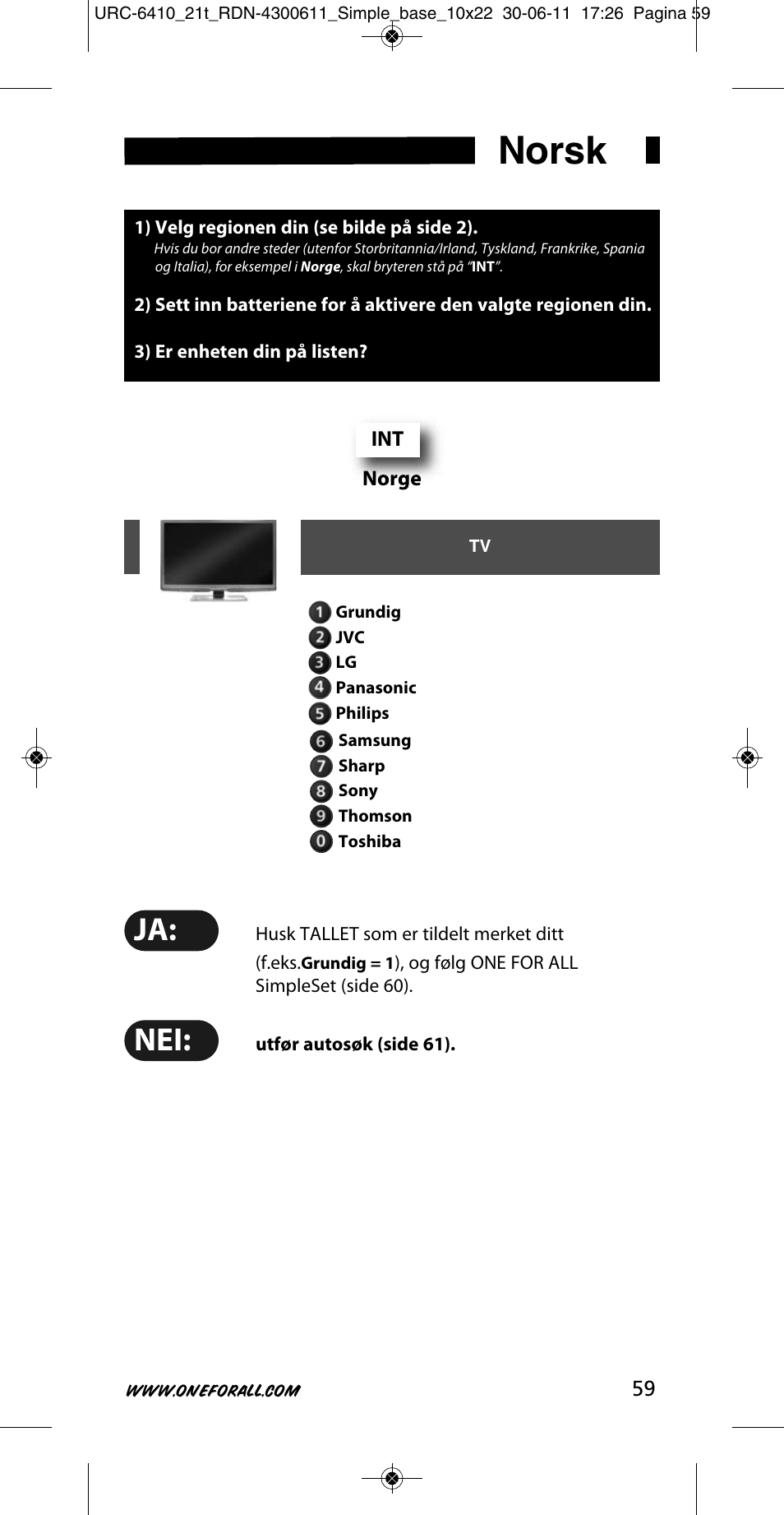 Norsk | One for All URC 6410 Simple TV User Manual | Page 60 / 120