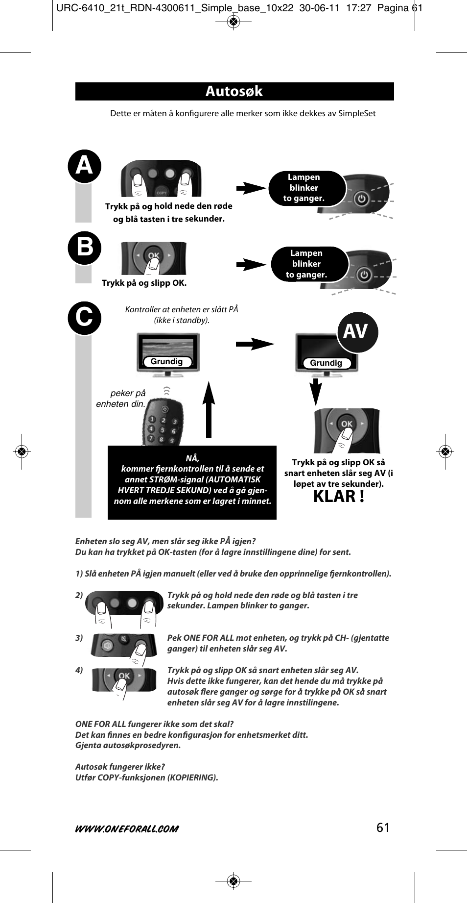 Ab c, Klar, Autosøk | One for All URC 6410 Simple TV User Manual | Page 62 / 120