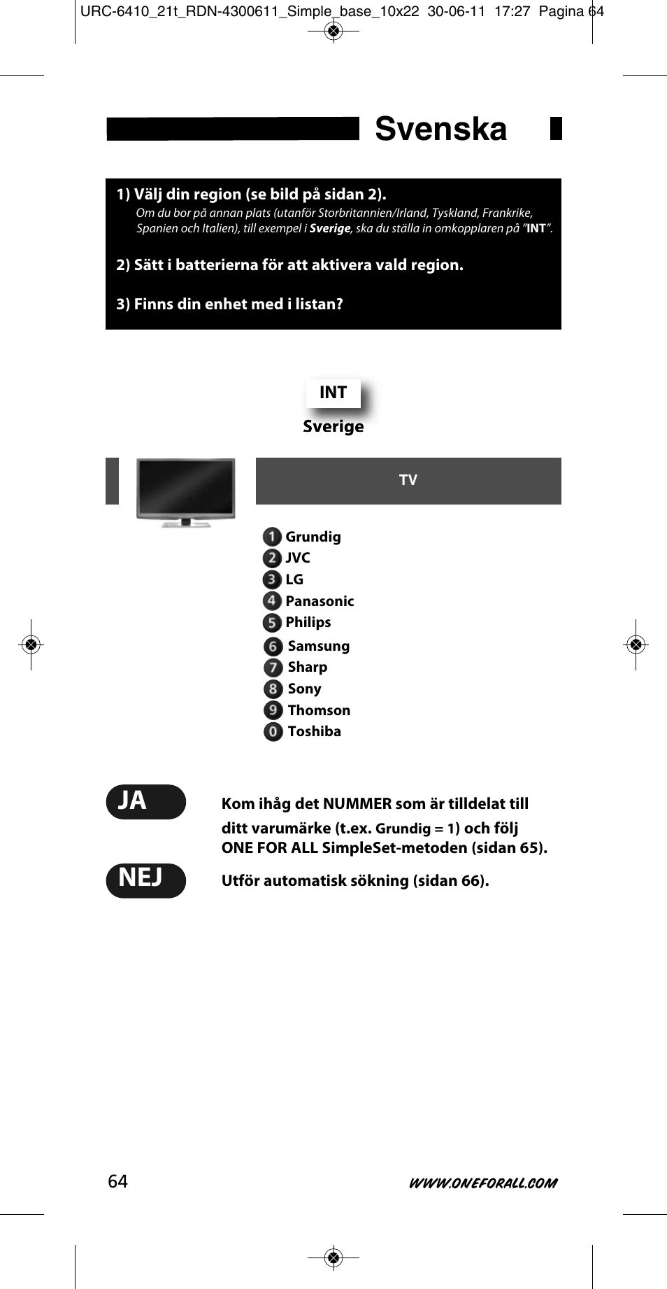 Svenska | One for All URC 6410 Simple TV User Manual | Page 65 / 120