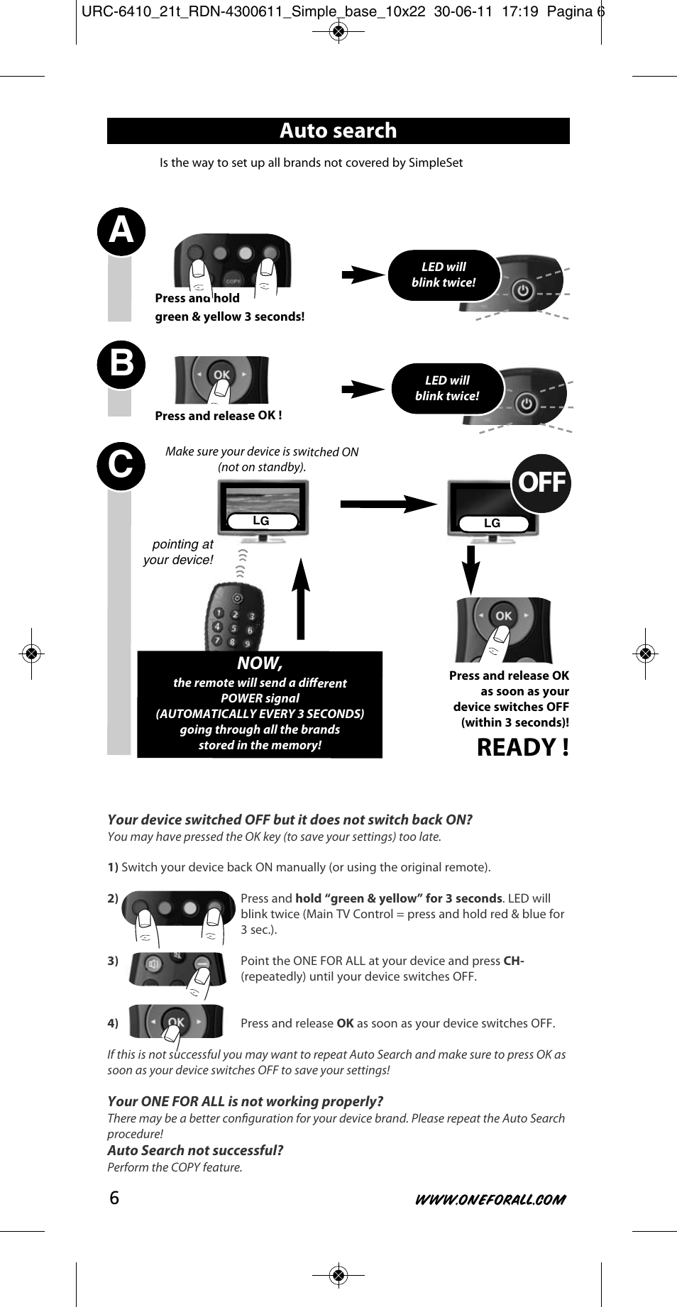 Ab c, Ready, Auto search | One for All URC 6410 Simple TV User Manual | Page 7 / 120