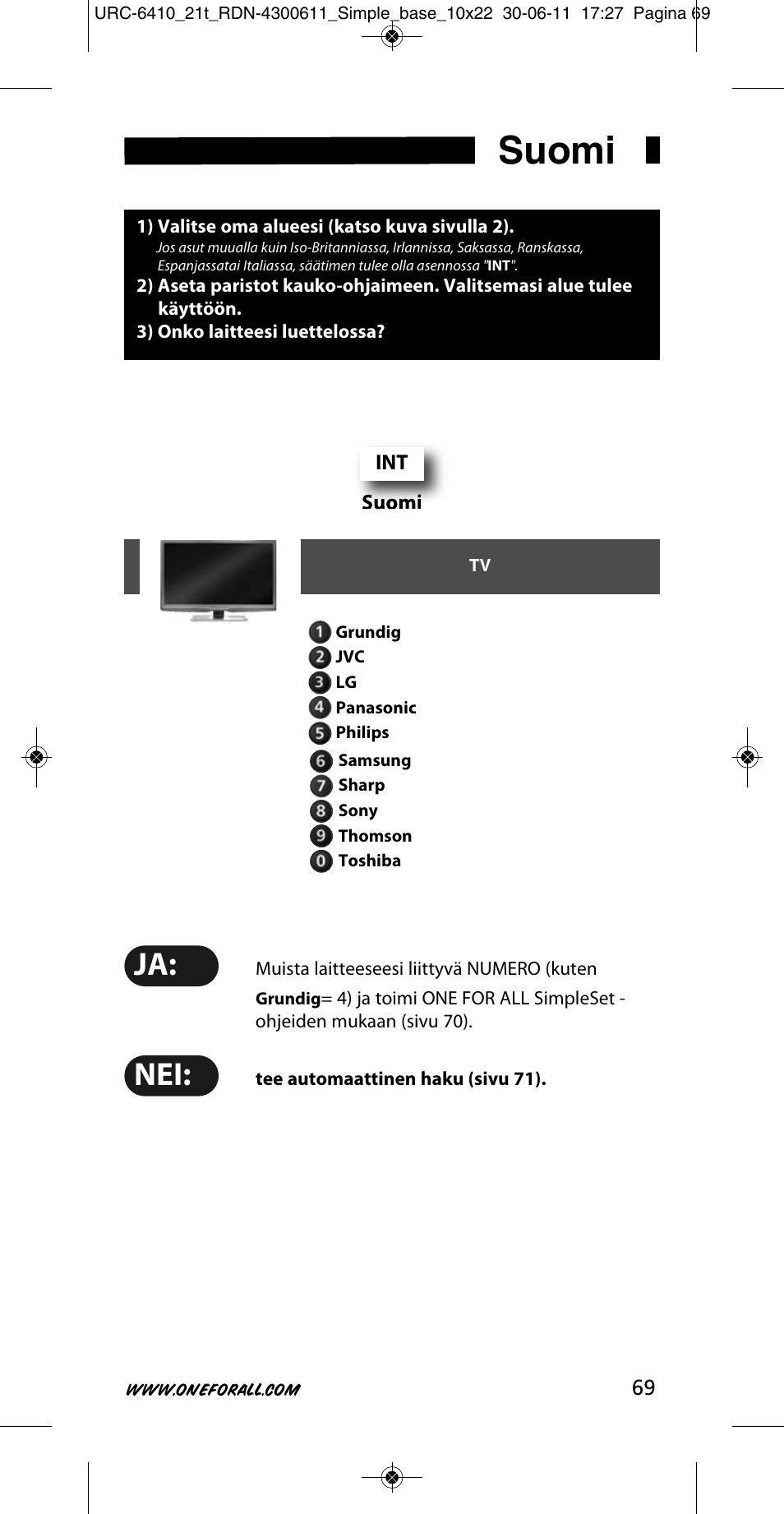 Suomi | One for All URC 6410 Simple TV User Manual | Page 70 / 120