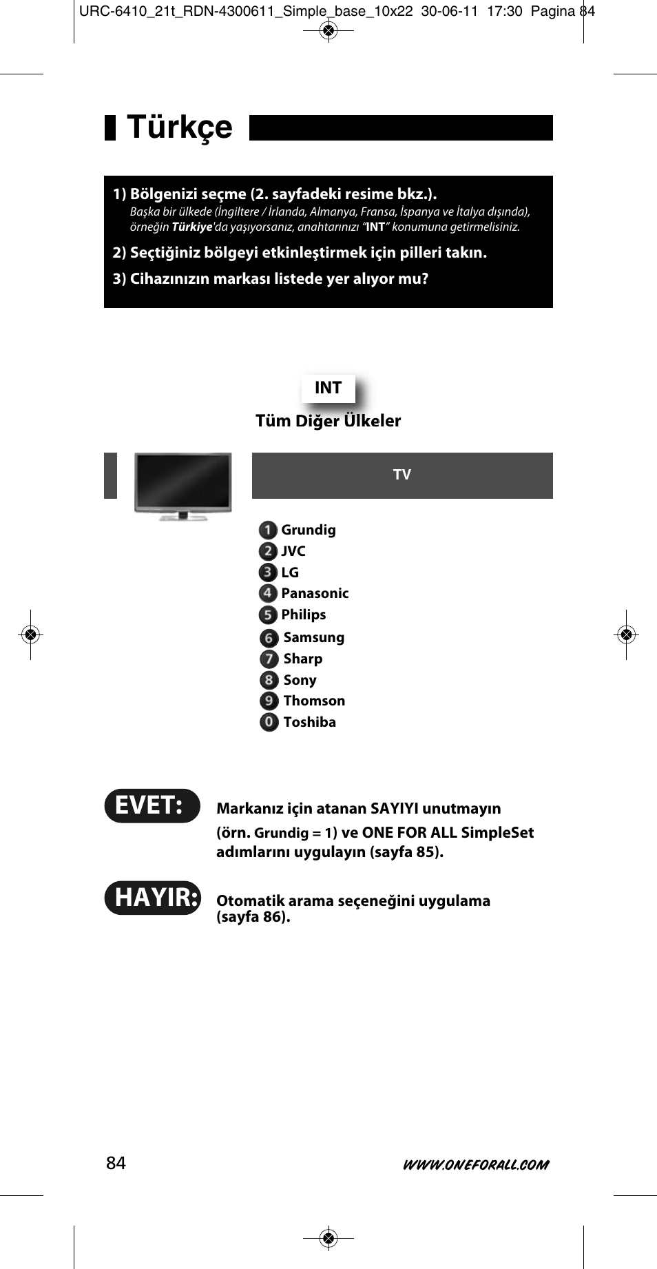 Türkçe, Evet, Hayir | One for All URC 6410 Simple TV User Manual | Page 85 / 120