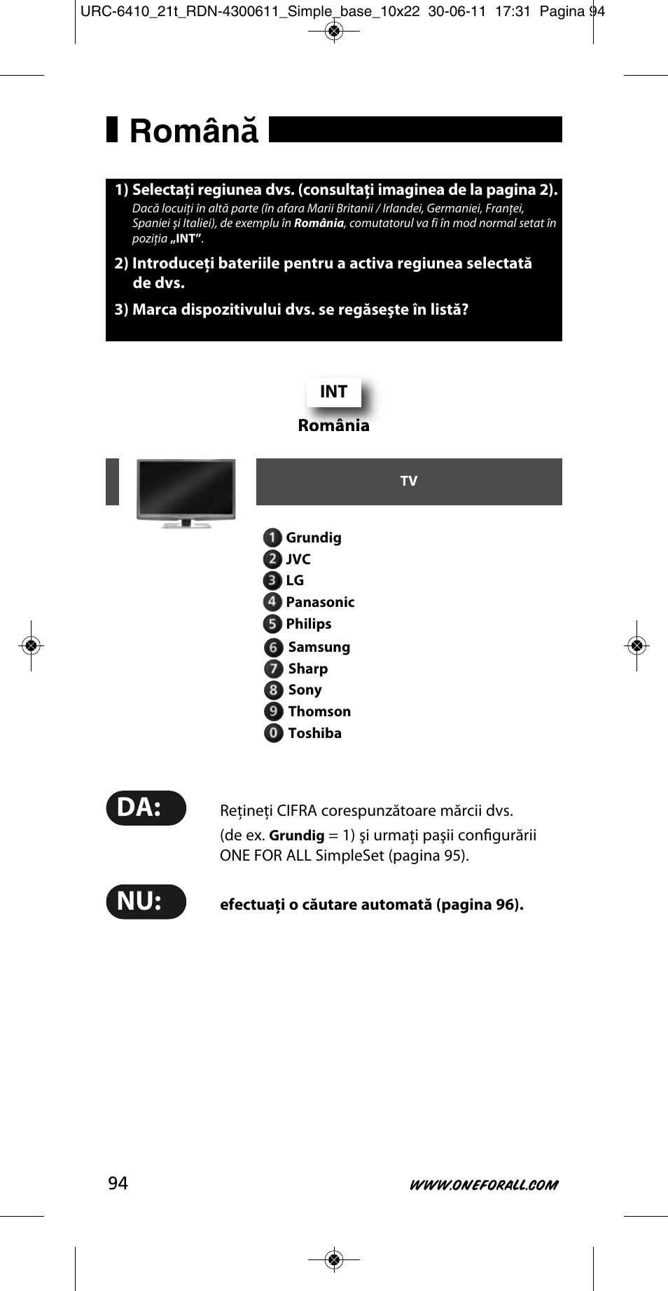 Român ă | One for All URC 6410 Simple TV User Manual | Page 95 / 120