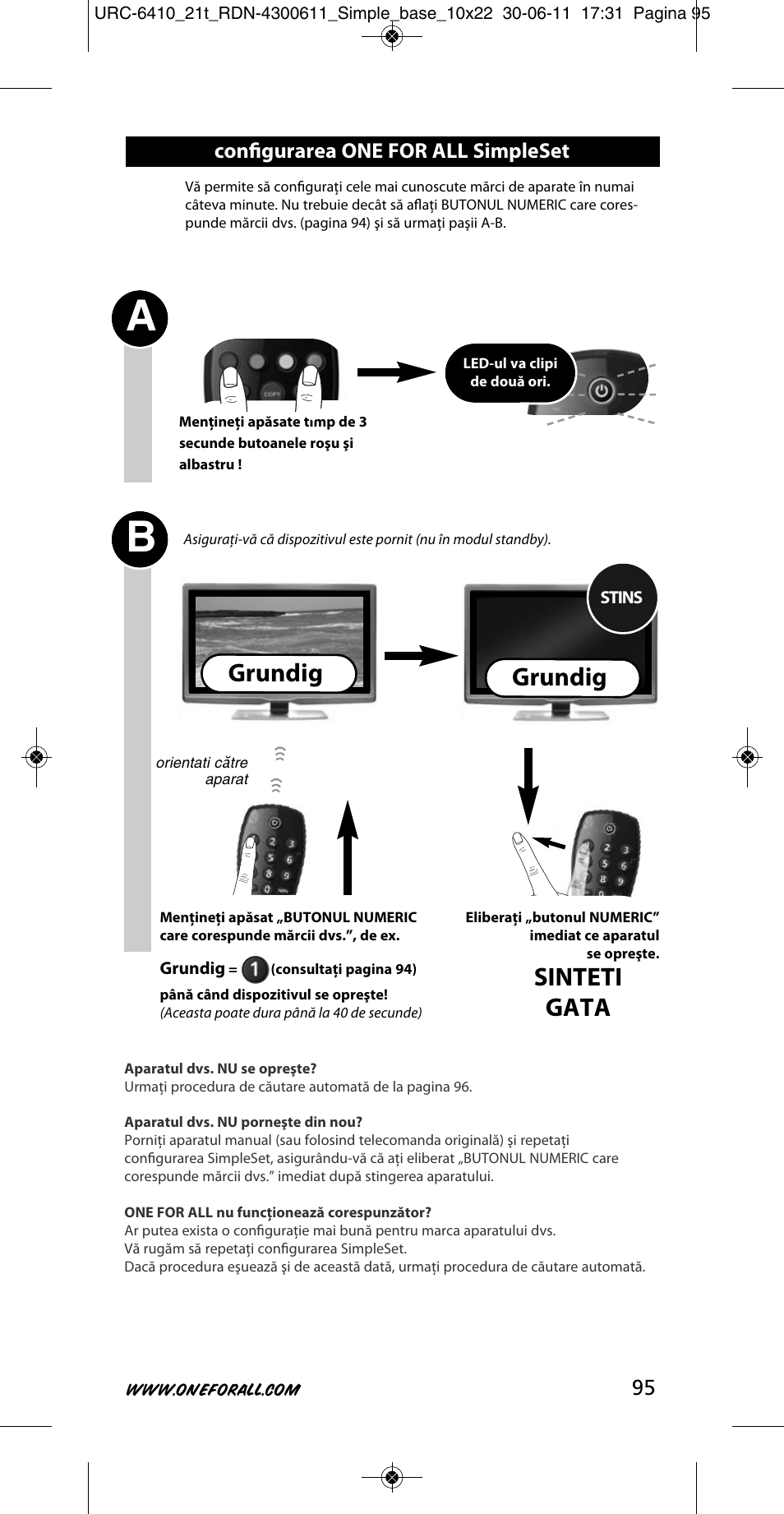 Sinteti gata, Grundig, 95 conﬁgurarea one for all simpleset | One for All URC 6410 Simple TV User Manual | Page 96 / 120