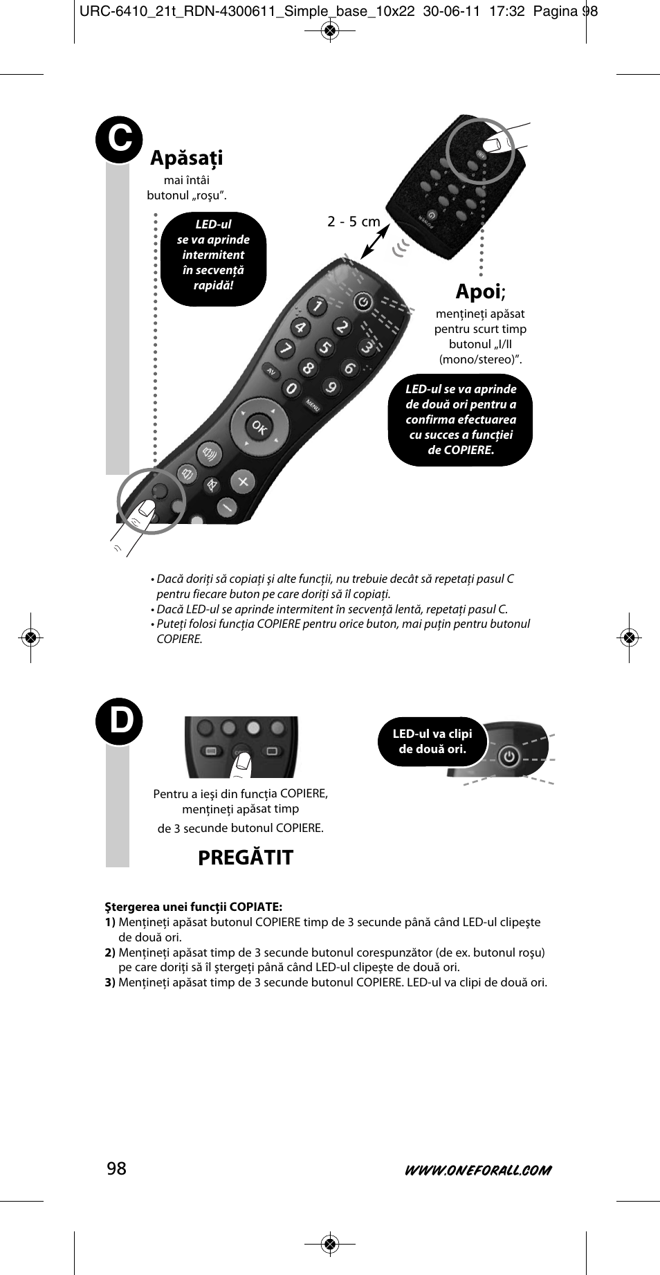 Apoi, Pregătit, Apăsaţi | One for All URC 6410 Simple TV User Manual | Page 99 / 120