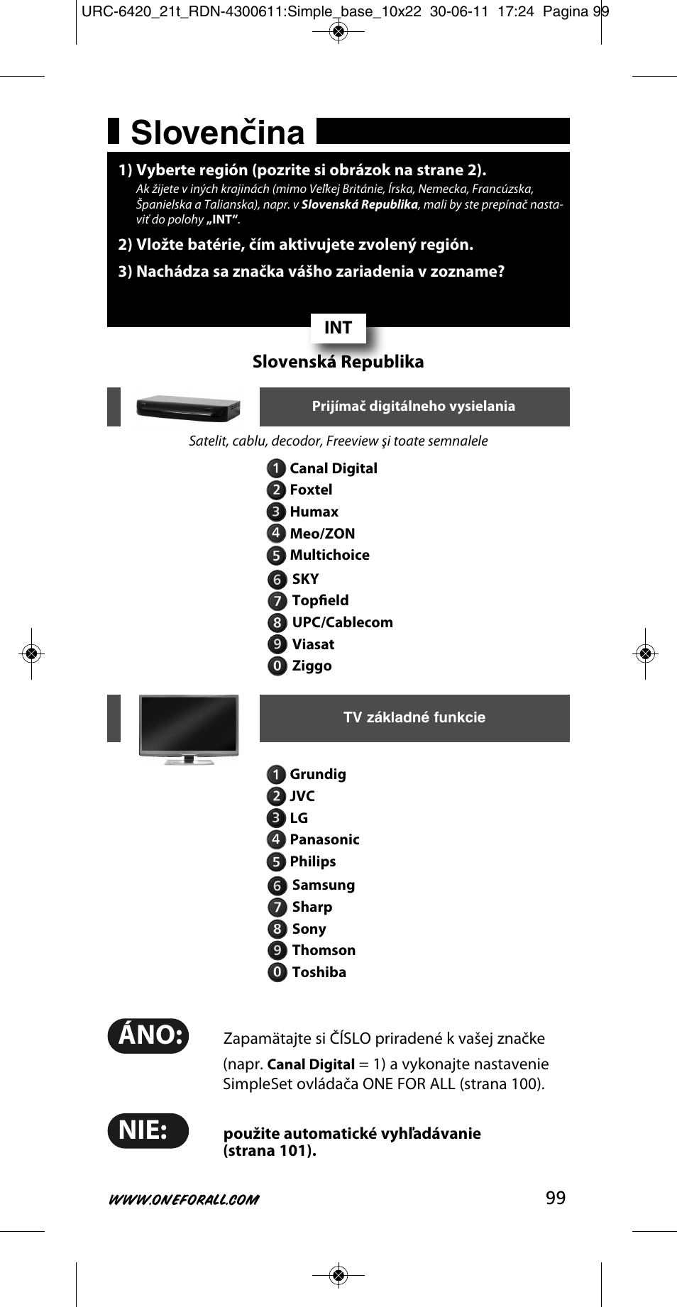 Sloven č ina | One for All URC 6420 Simple 2 User Manual | Page 100 / 125