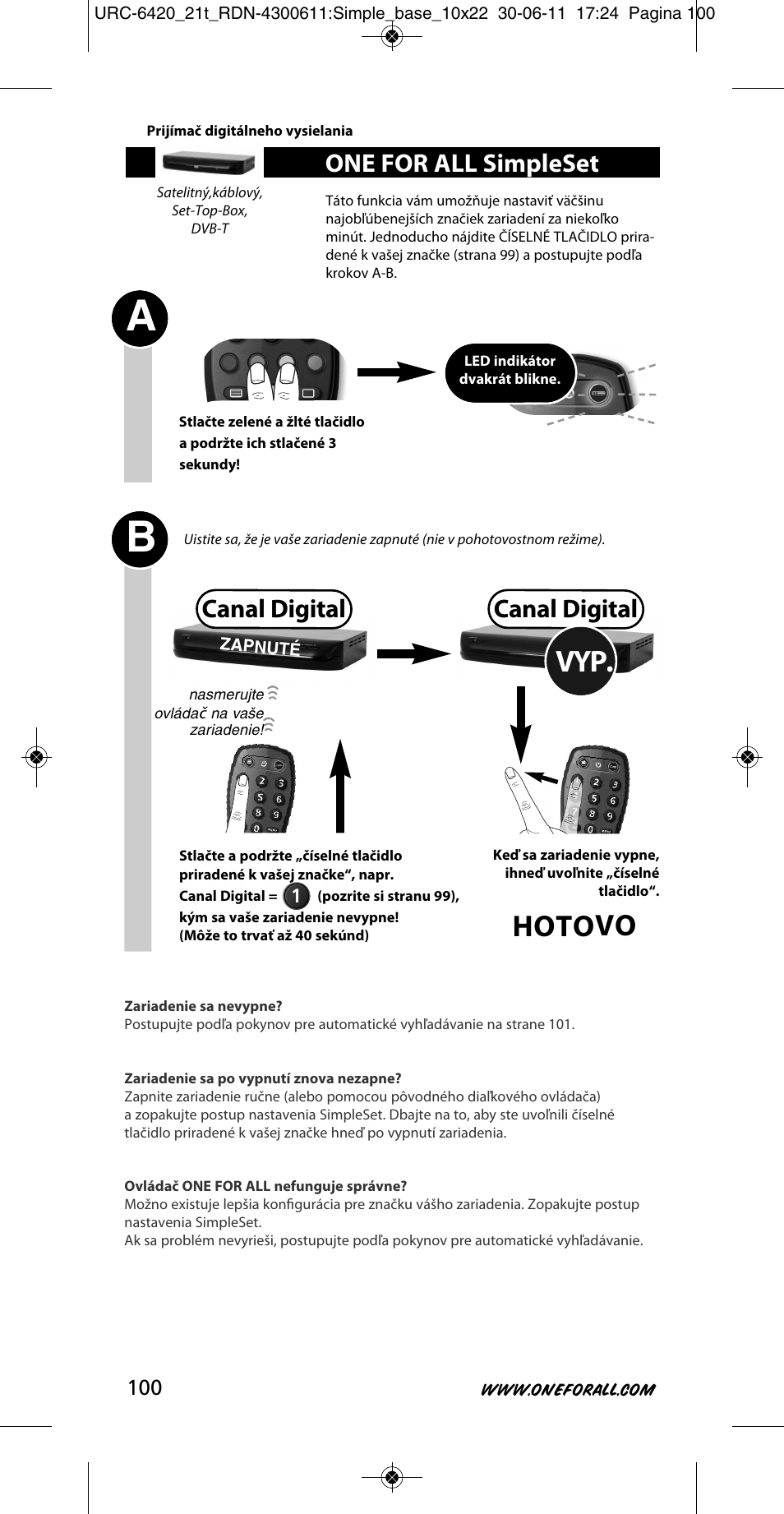 Hotovo, Canal digital, One for all simpleset | One for All URC 6420 Simple 2 User Manual | Page 101 / 125