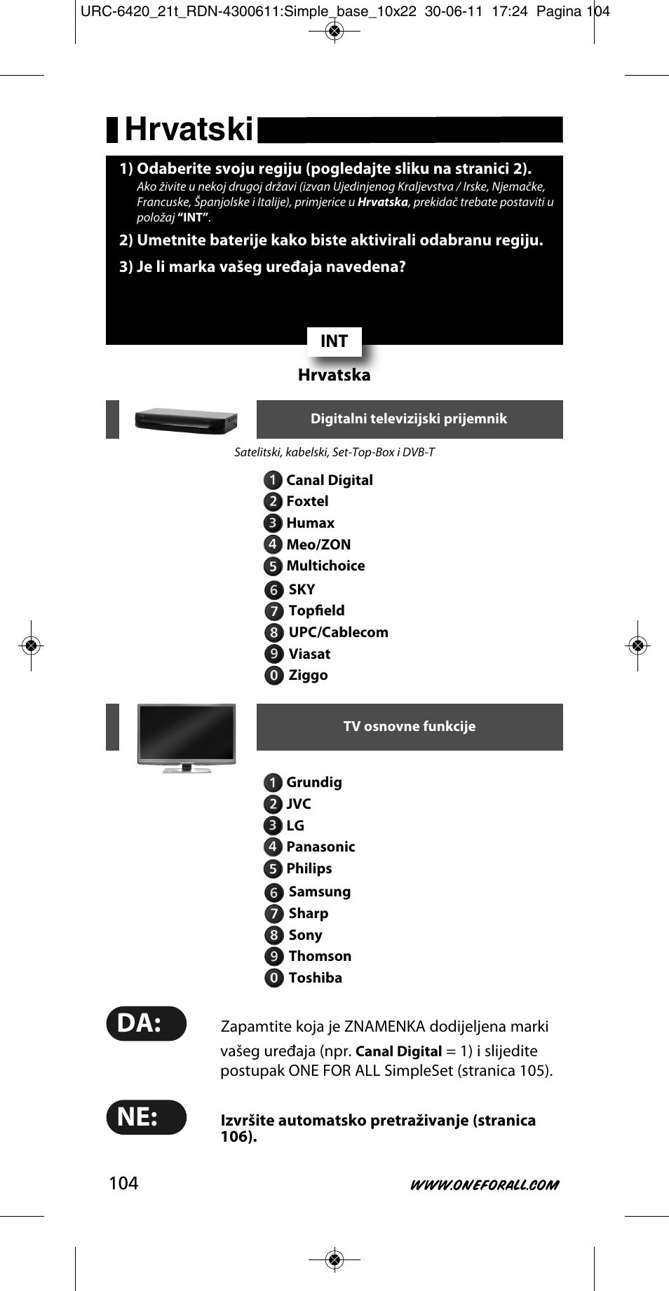 Hrvatski | One for All URC 6420 Simple 2 User Manual | Page 105 / 125