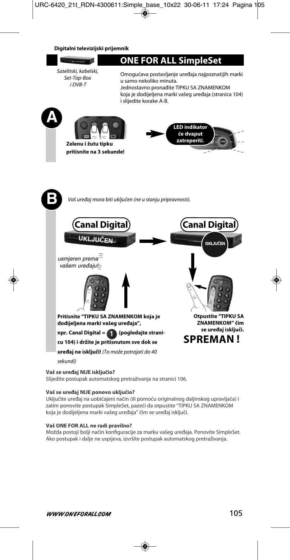 Spreman, Canal digital, One for all simpleset | One for All URC 6420 Simple 2 User Manual | Page 106 / 125