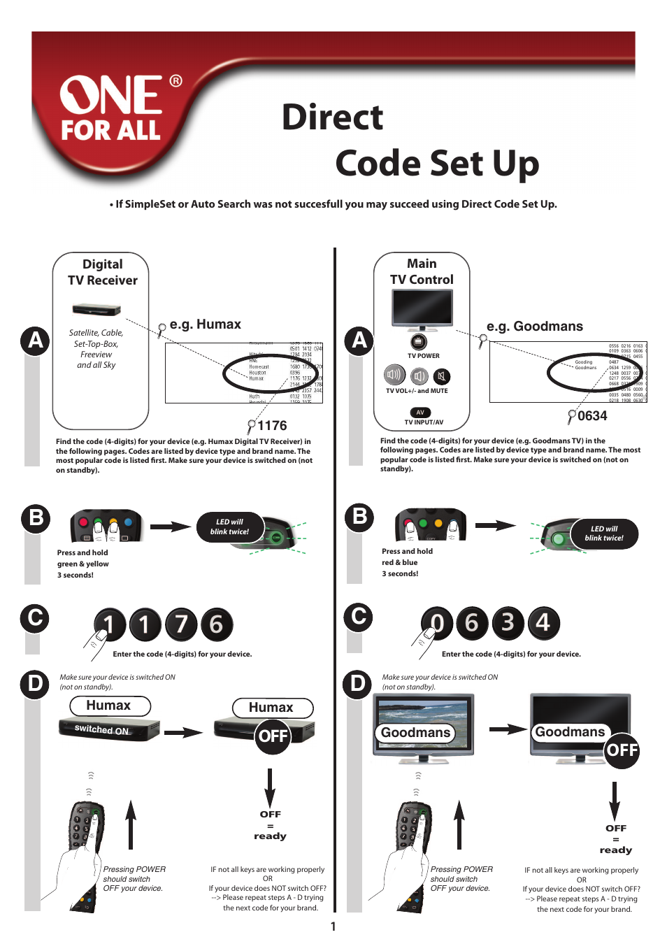 Direct code set up, Humax, E.g. humax 1176 digital tv receiver | Goodmans, Main tv control, E.g. goodmans, Switched on, Off = ready | One for All URC 6420 Simple 2 User Manual | Page 116 / 125