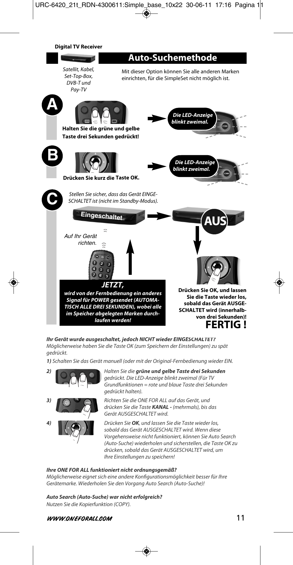 Ab c, Fertig, Auto-suchemethode | Jetzt | One for All URC 6420 Simple 2 User Manual | Page 12 / 125