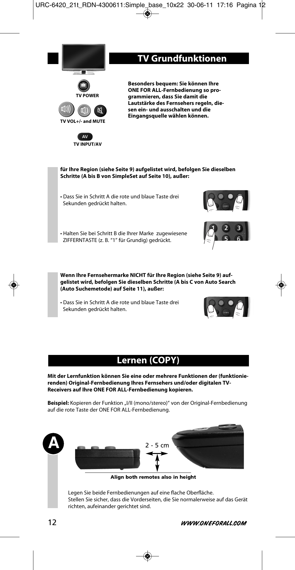 Lernen (copy), Tv grundfunktionen | One for All URC 6420 Simple 2 User Manual | Page 13 / 125