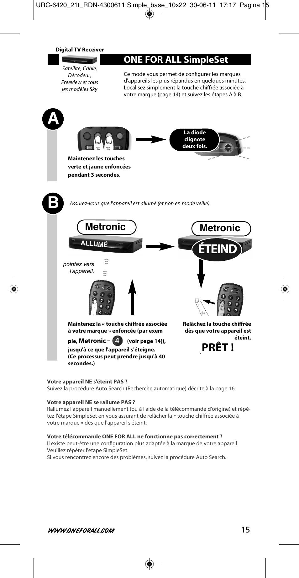 Éteind, Prêt, One for all simpleset | Metronic | One for All URC 6420 Simple 2 User Manual | Page 16 / 125