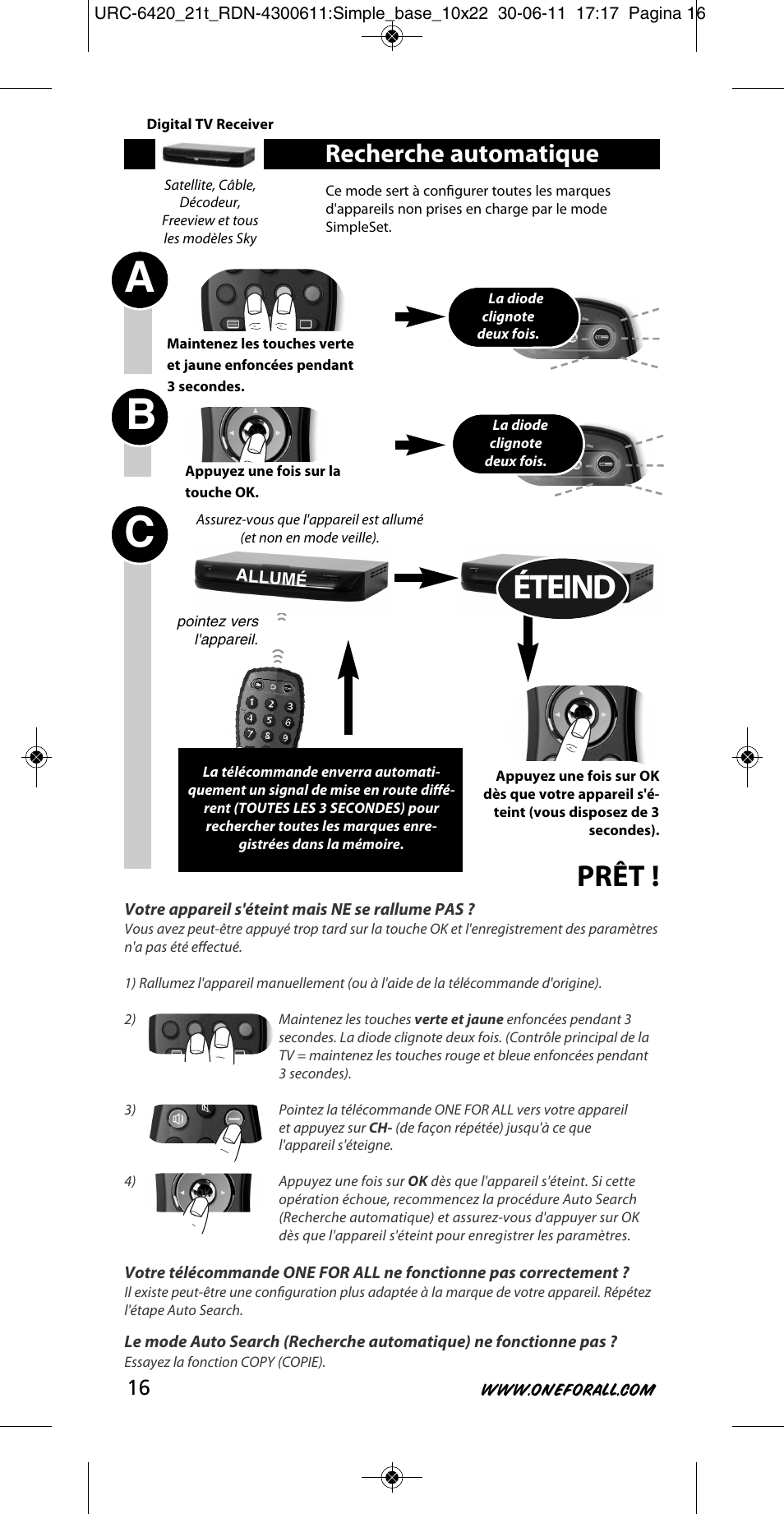 Ab c, Éteind, Prêt | Recherche automatique | One for All URC 6420 Simple 2 User Manual | Page 17 / 125