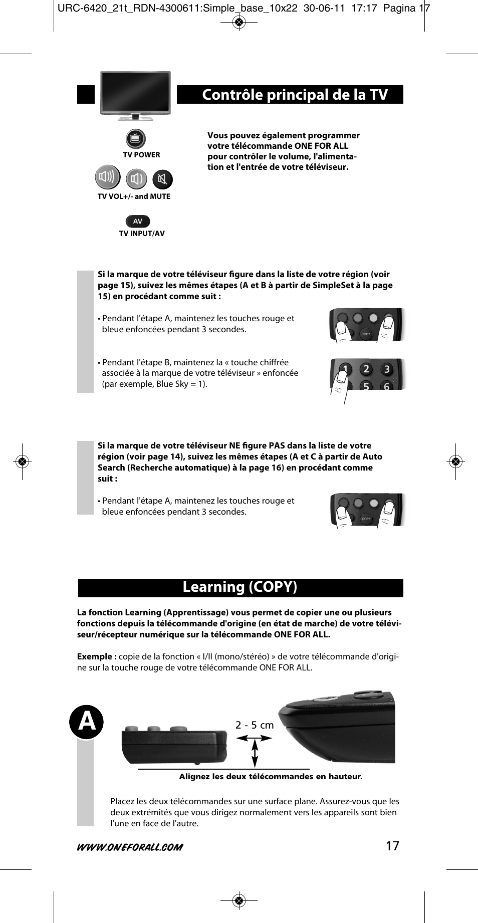 Learning (copy), Contrôle principal de la tv | One for All URC 6420 Simple 2 User Manual | Page 18 / 125