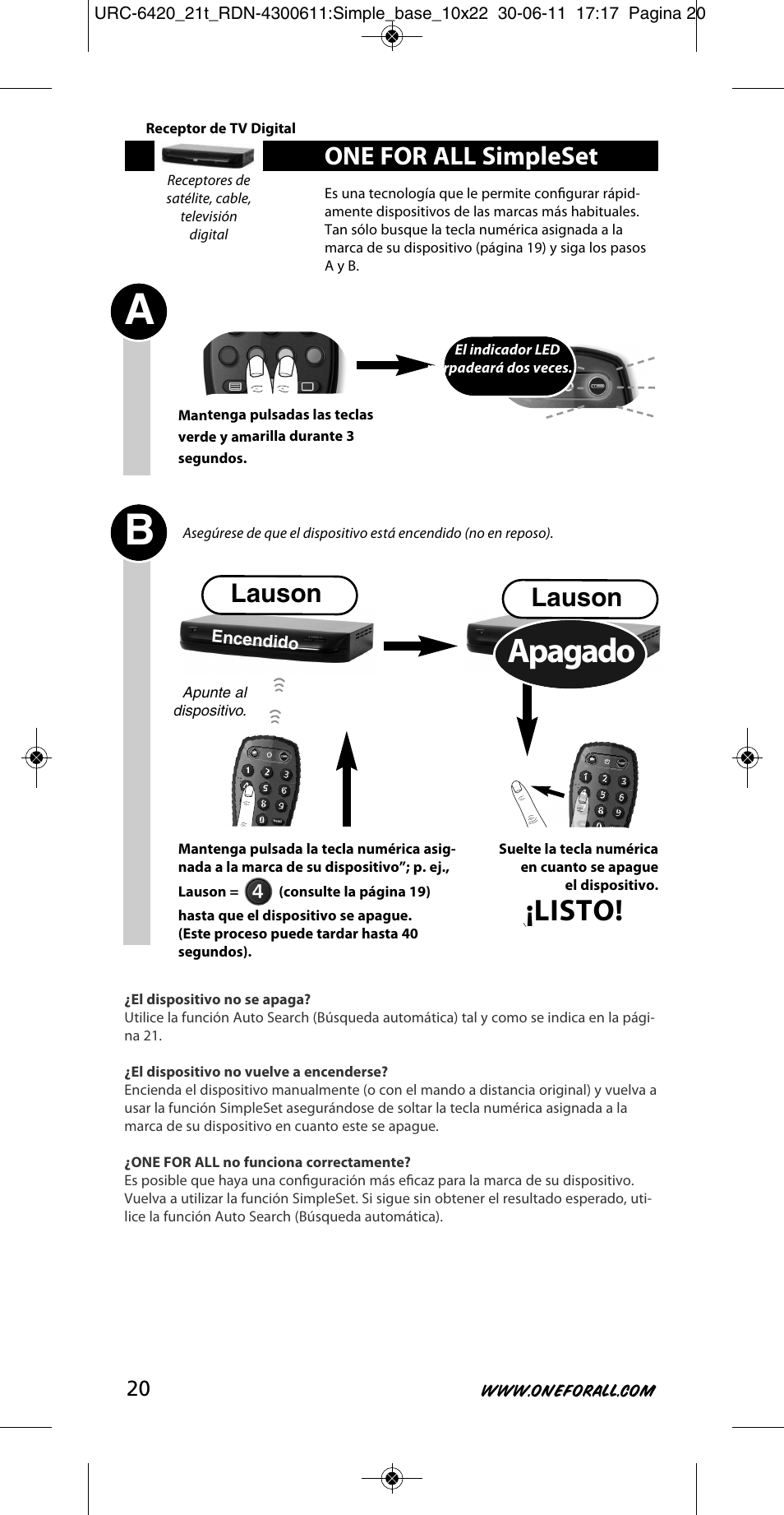 Apagado, Listo, One for all simpleset | Lauson | One for All URC 6420 Simple 2 User Manual | Page 21 / 125