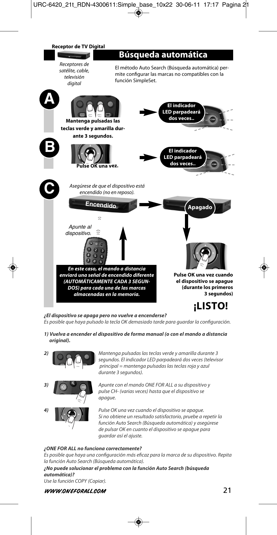 Ab c, Listo, Búsqueda automática | One for All URC 6420 Simple 2 User Manual | Page 22 / 125