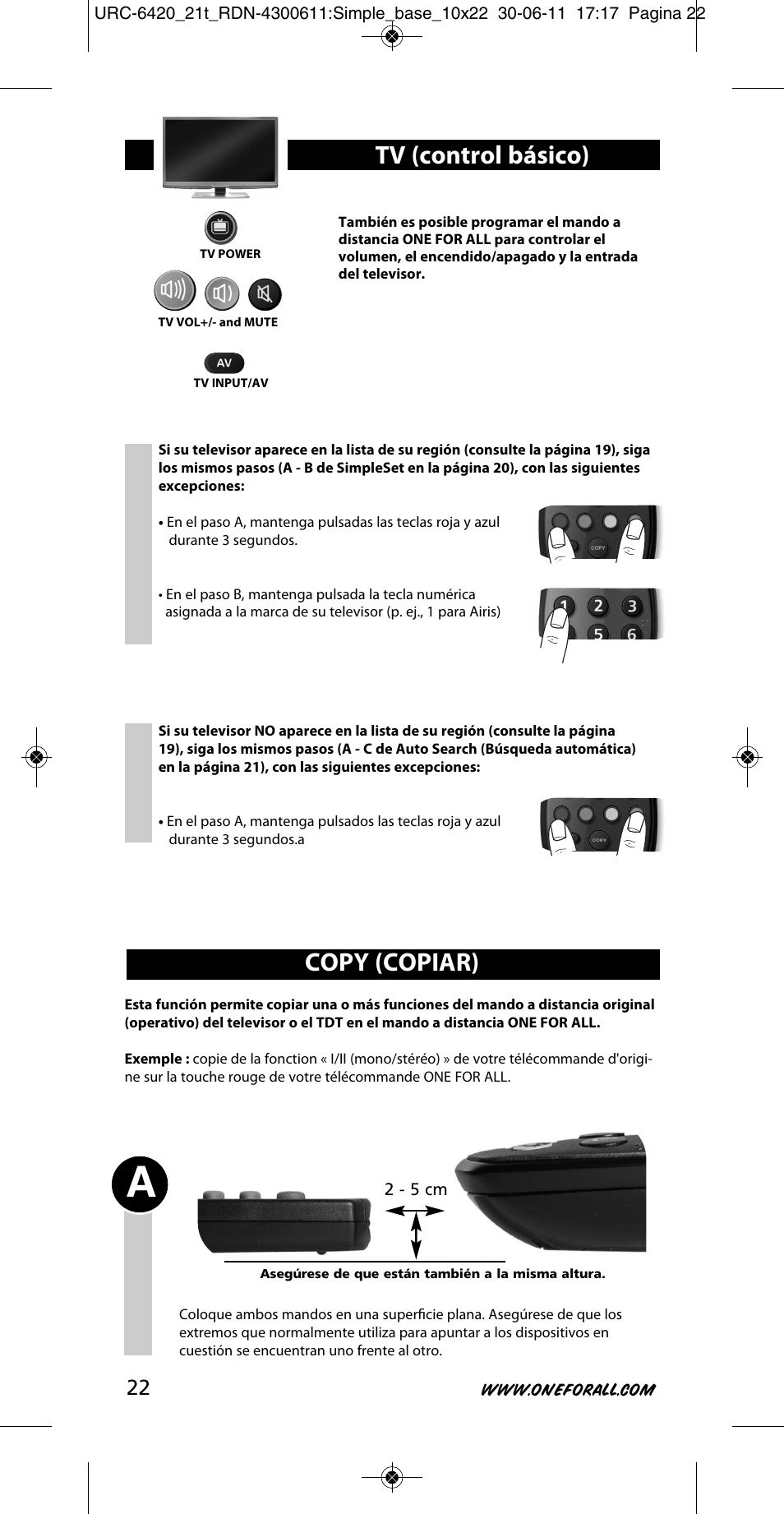 Copy (copiar), Tv (control básico) | One for All URC 6420 Simple 2 User Manual | Page 23 / 125