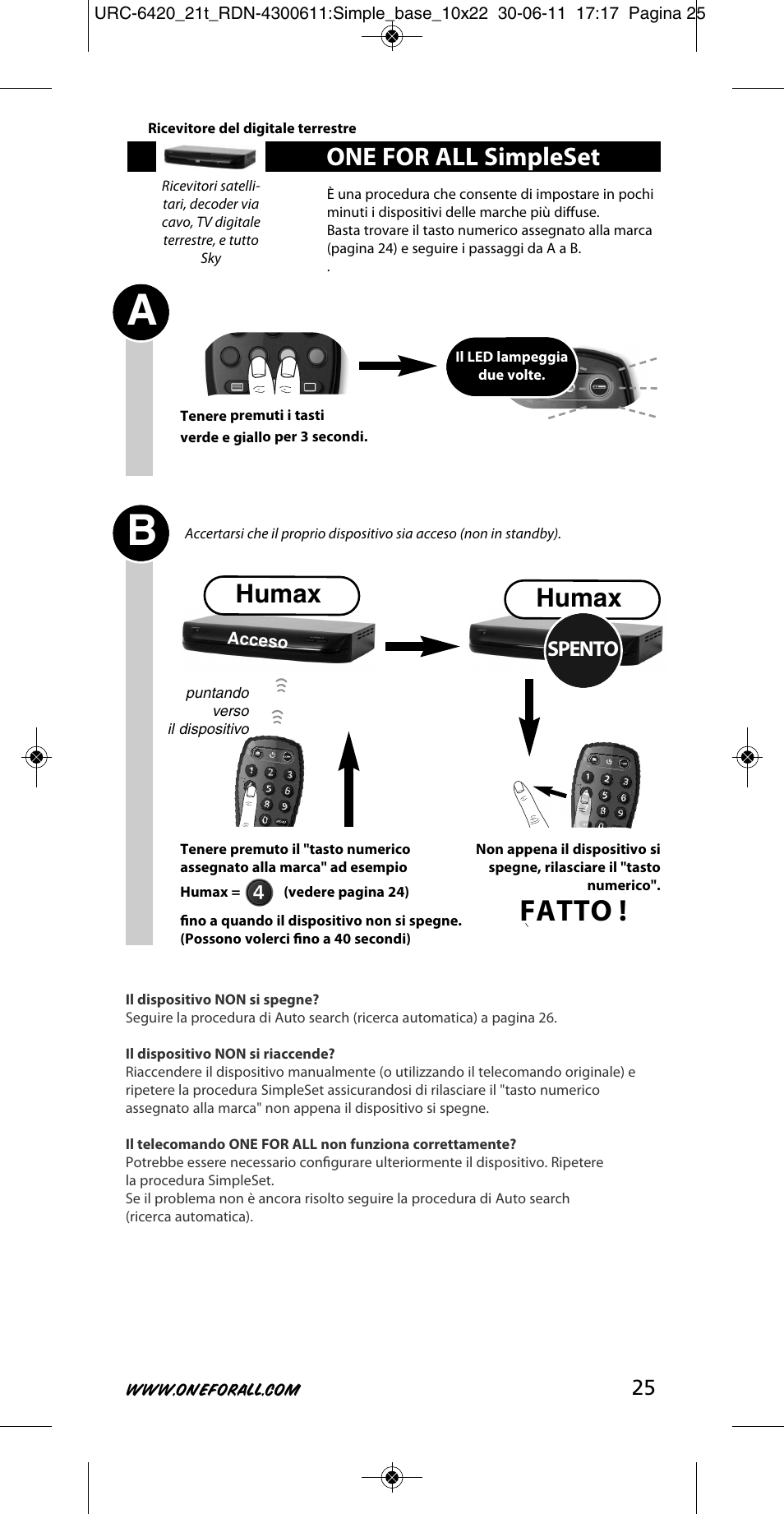 Fatto, One for all simpleset, Humax | Spento | One for All URC 6420 Simple 2 User Manual | Page 26 / 125