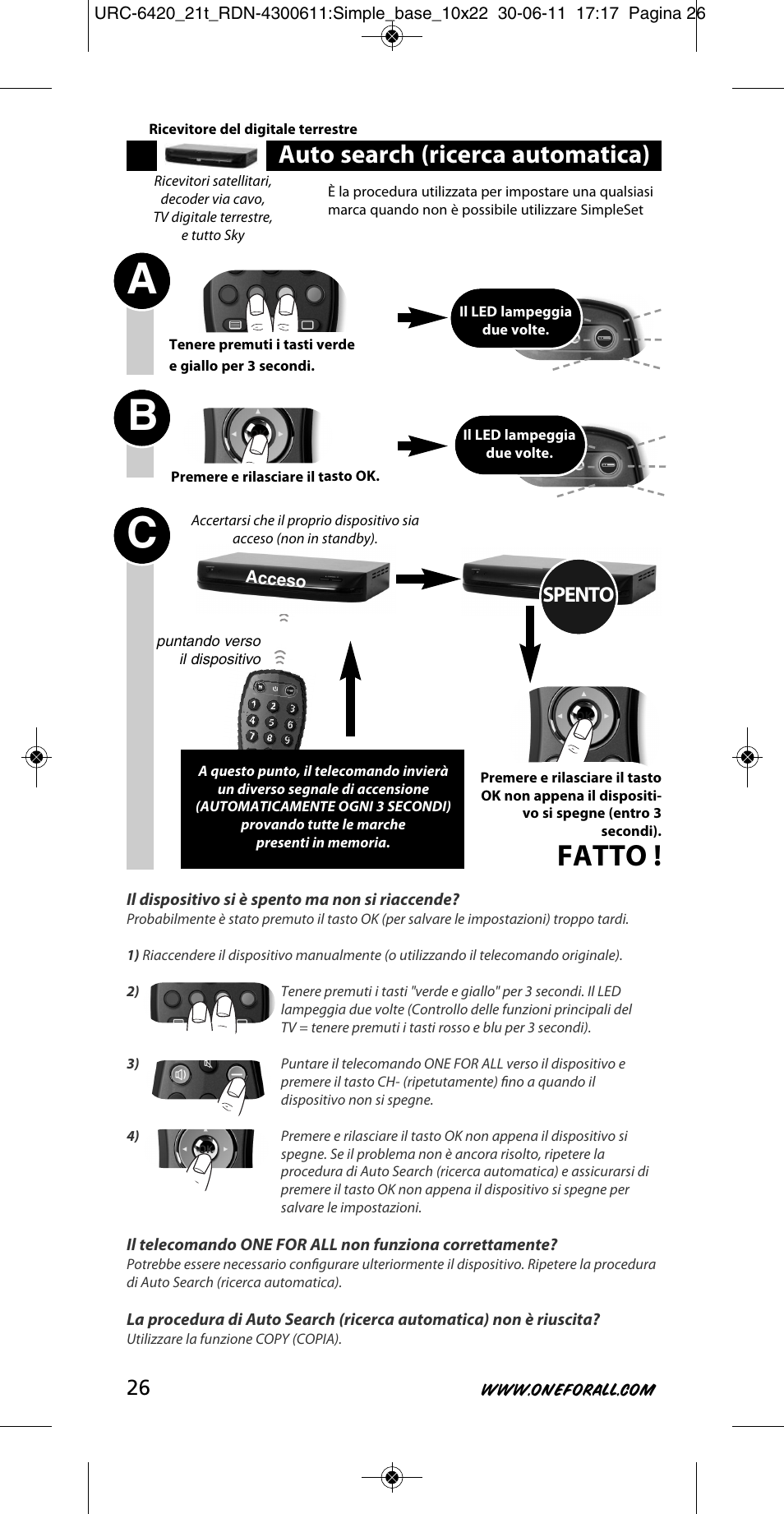 Ab c, Fatto, Auto search (ricerca automatica) | Spento | One for All URC 6420 Simple 2 User Manual | Page 27 / 125