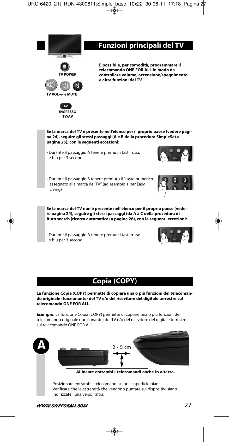 Copia (copy), Funzioni principali del tv | One for All URC 6420 Simple 2 User Manual | Page 28 / 125