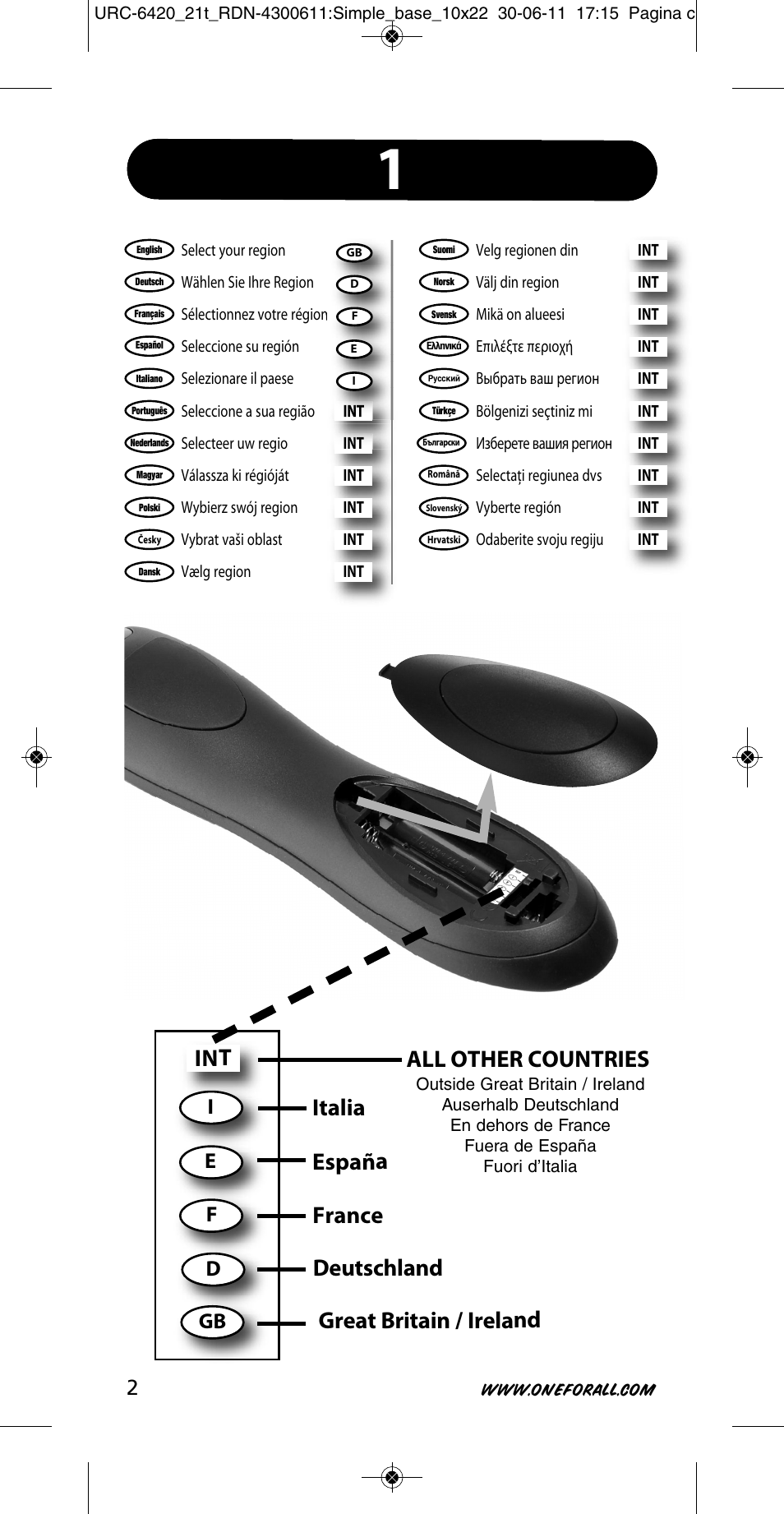 Great britain / ireland italia españa france, Deutschland, All other countries | Ie f | One for All URC 6420 Simple 2 User Manual | Page 3 / 125