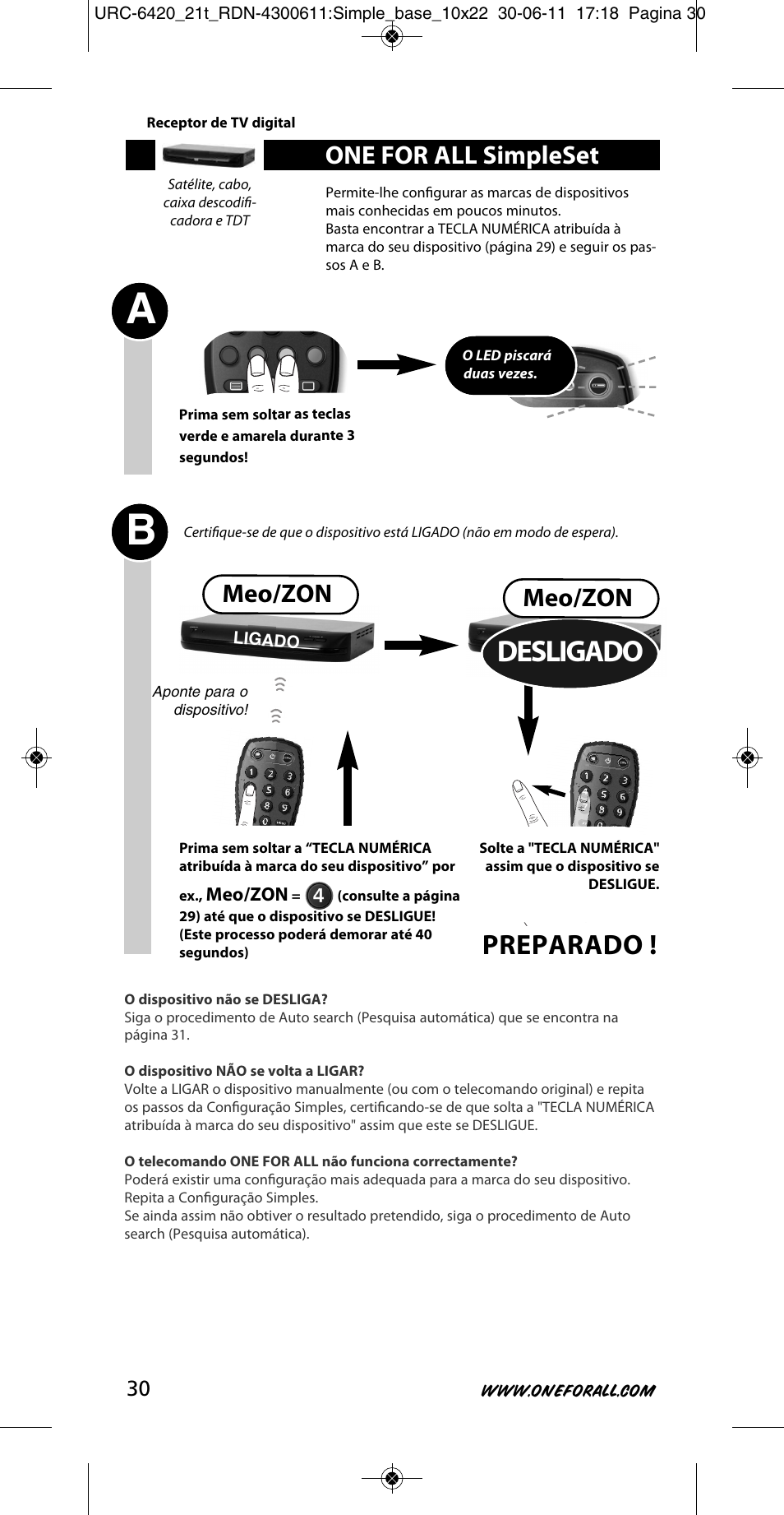 Desligado, Preparado, One for all simpleset | Meo/zon | One for All URC 6420 Simple 2 User Manual | Page 31 / 125