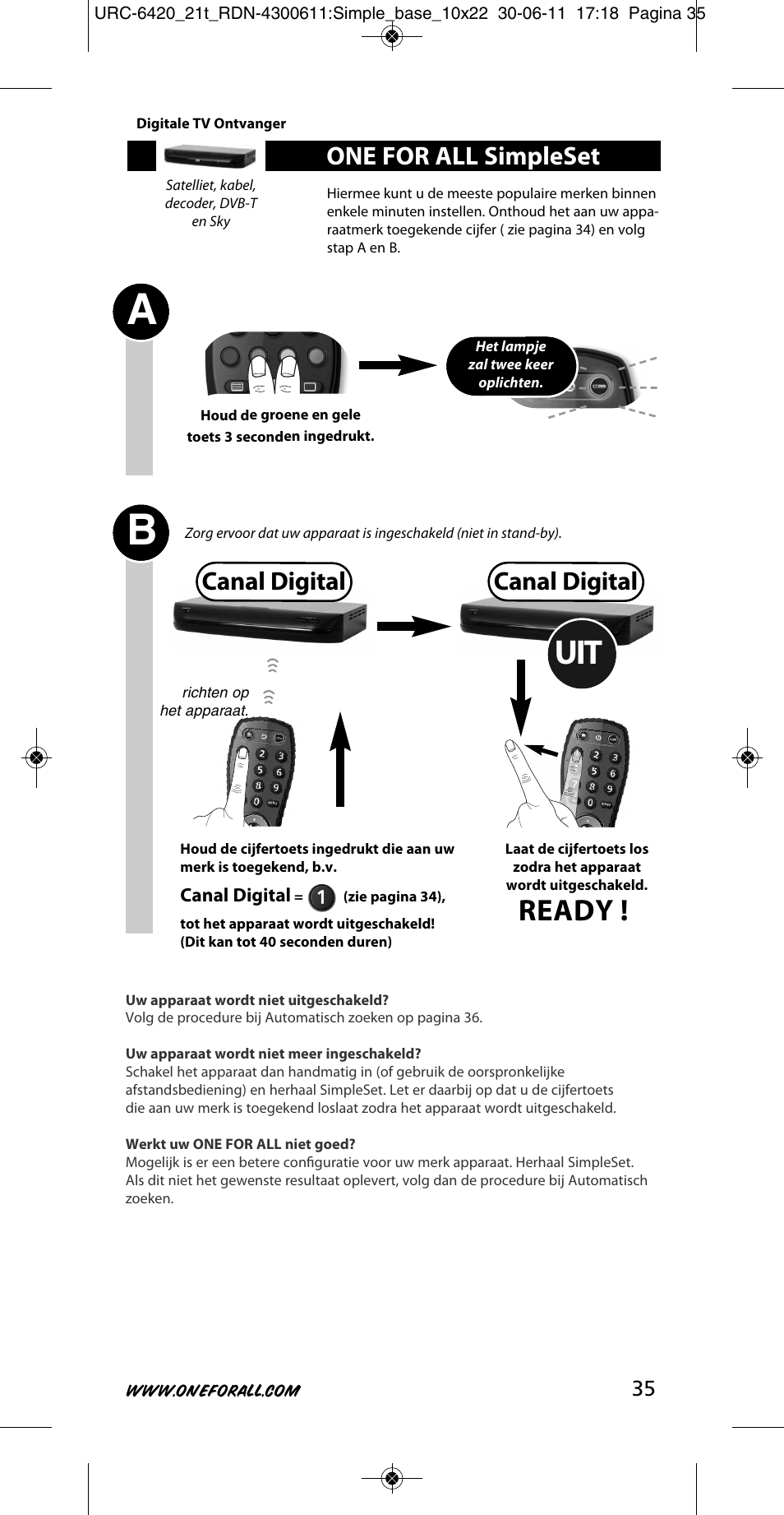 Ready, Canal digital, One for all simpleset | One for All URC 6420 Simple 2 User Manual | Page 36 / 125