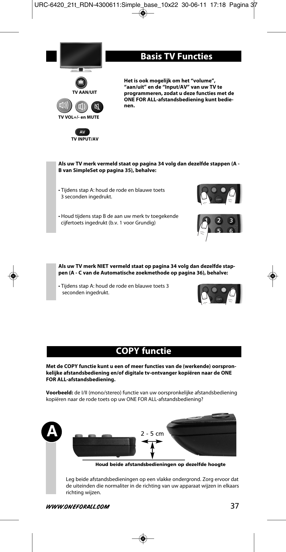 Copy functie, Basis tv functies | One for All URC 6420 Simple 2 User Manual | Page 38 / 125