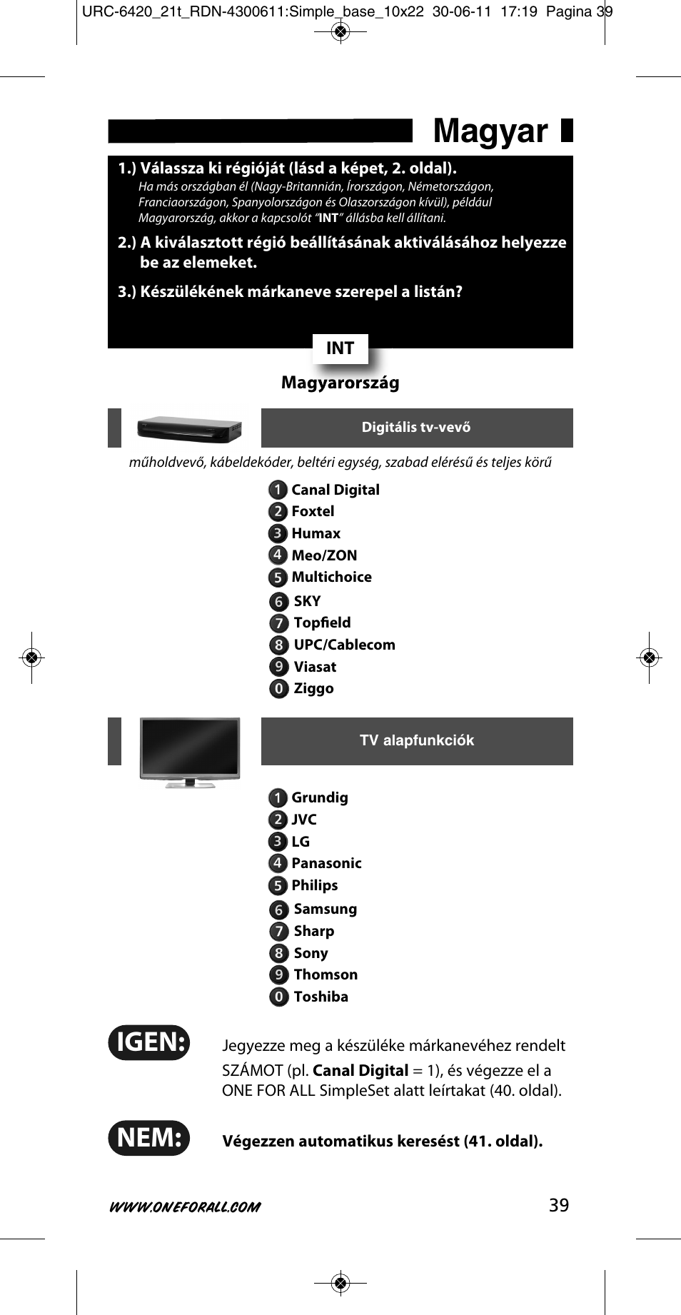 Magyar, Igen | One for All URC 6420 Simple 2 User Manual | Page 40 / 125