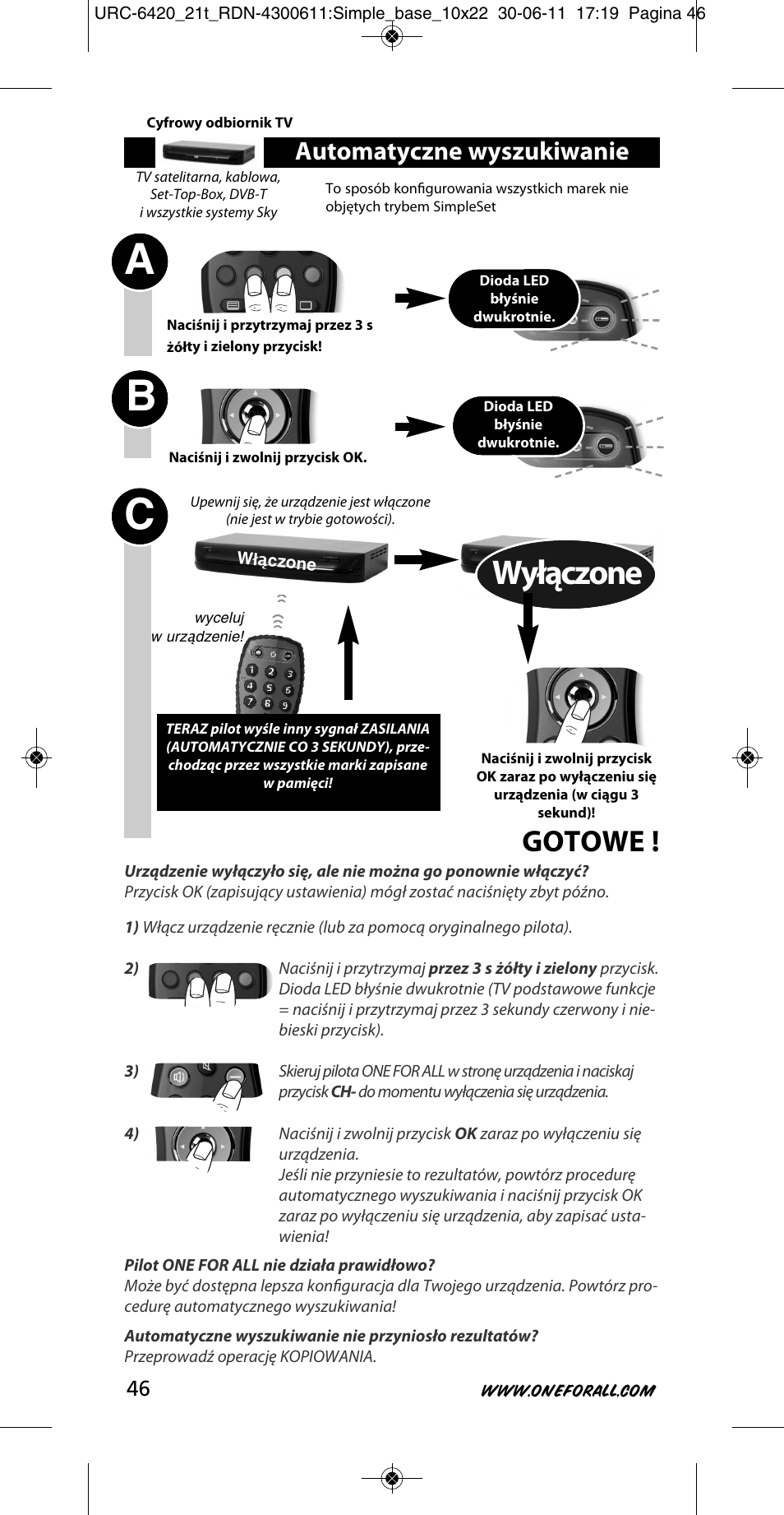 Ab c, Wyłączone, Gotowe | Automatyczne wyszukiwanie | One for All URC 6420 Simple 2 User Manual | Page 47 / 125