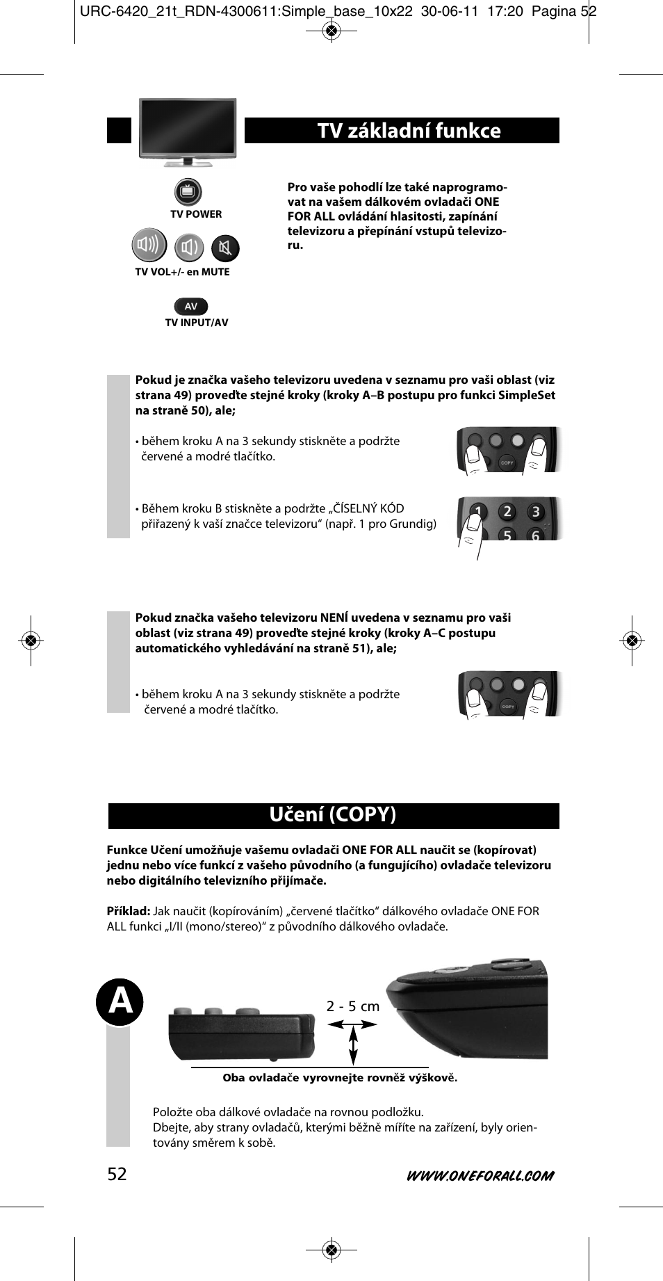 Učení (copy), Tv základní funkce | One for All URC 6420 Simple 2 User Manual | Page 53 / 125