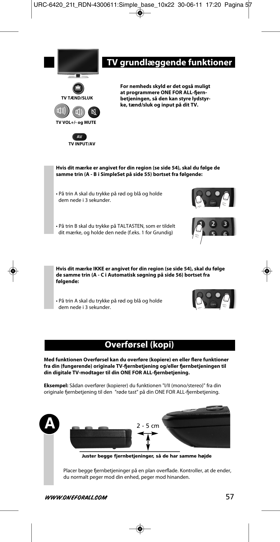 Overførsel (kopi), Tv grundlæggende funktioner | One for All URC 6420 Simple 2 User Manual | Page 58 / 125