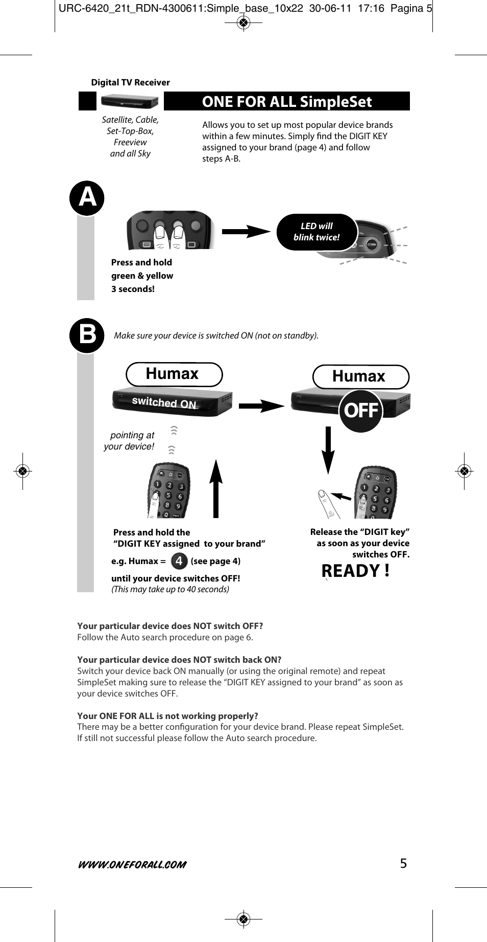 Ready, One for all simpleset, Humax | One for All URC 6420 Simple 2 User Manual | Page 6 / 125