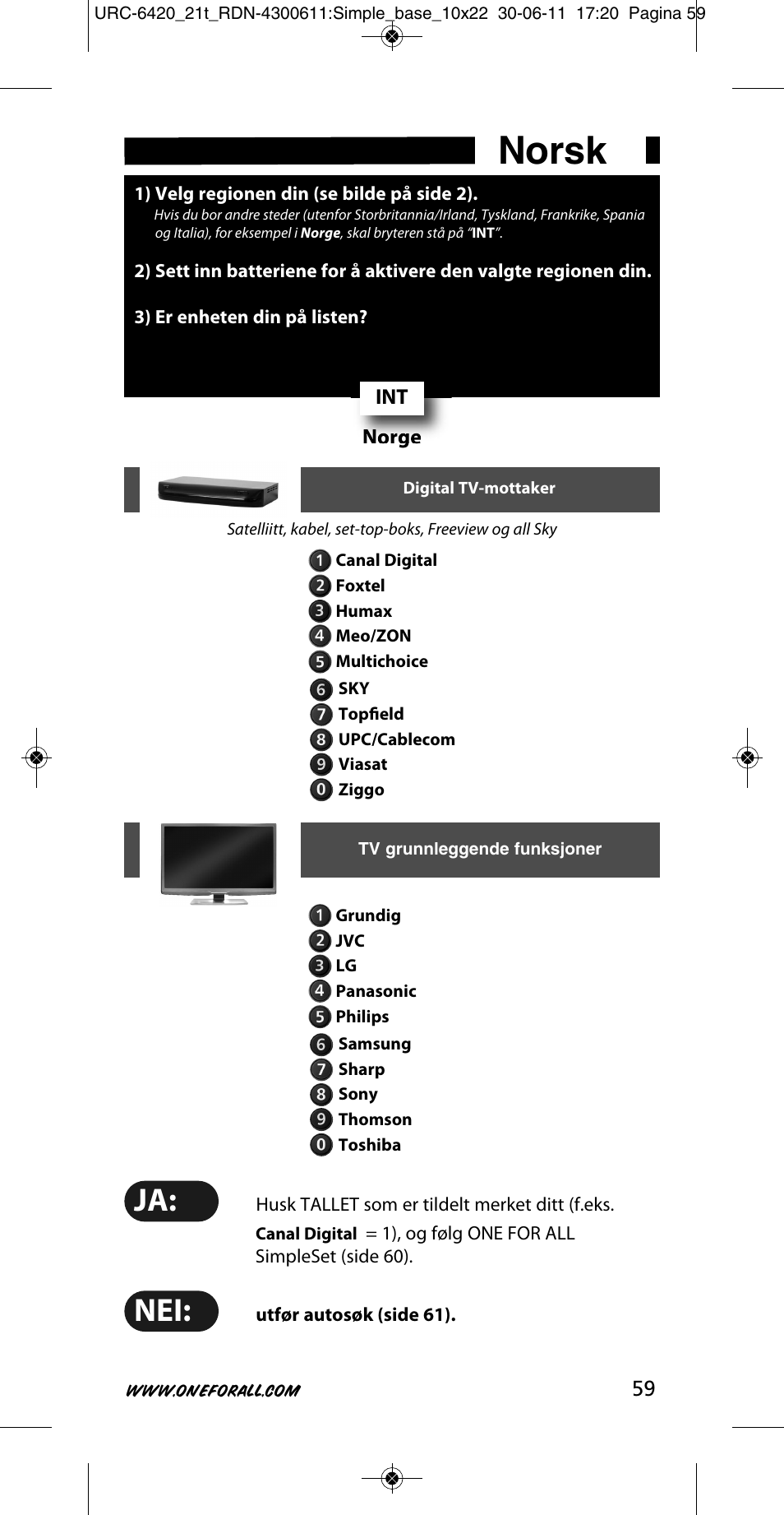 Norsk | One for All URC 6420 Simple 2 User Manual | Page 60 / 125