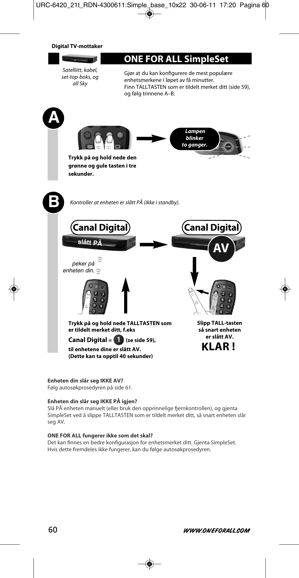 Klar, Canal digital, One for all simpleset | One for All URC 6420 Simple 2 User Manual | Page 61 / 125