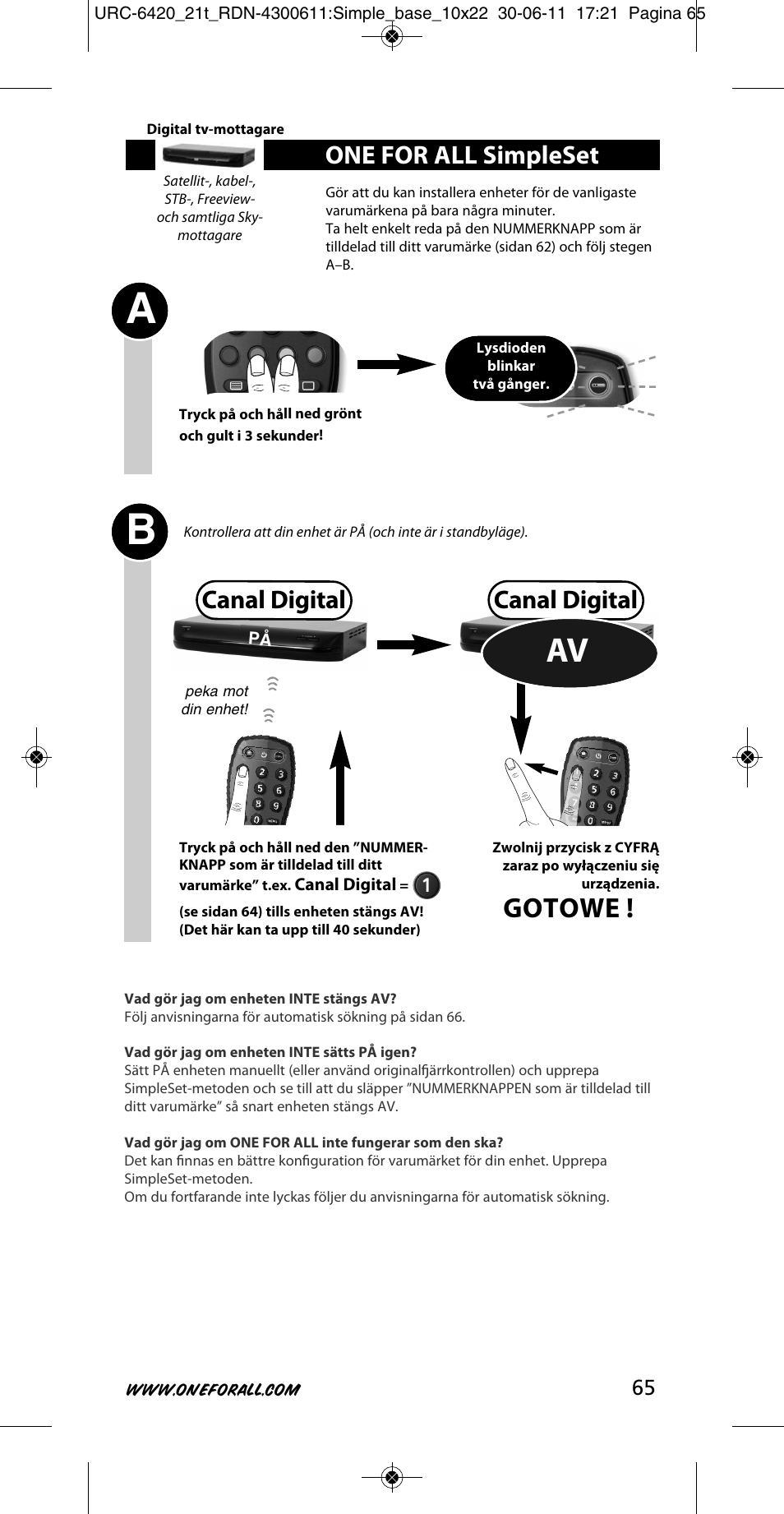 Gotowe, Canal digital, One for all simpleset | One for All URC 6420 Simple 2 User Manual | Page 66 / 125