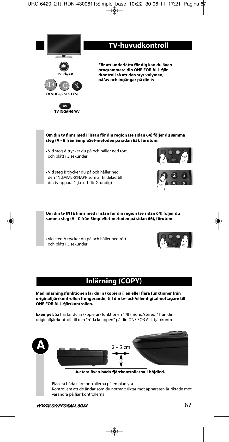 Inlärning (copy), Tv-huvudkontroll | One for All URC 6420 Simple 2 User Manual | Page 68 / 125