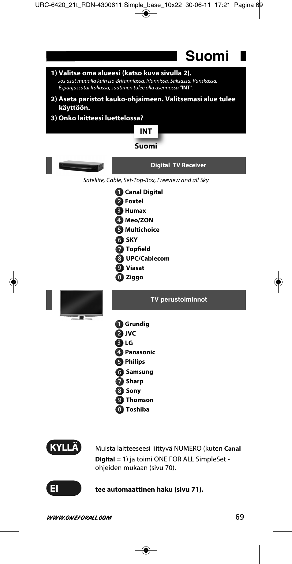 Suomi, Kyllä | One for All URC 6420 Simple 2 User Manual | Page 70 / 125