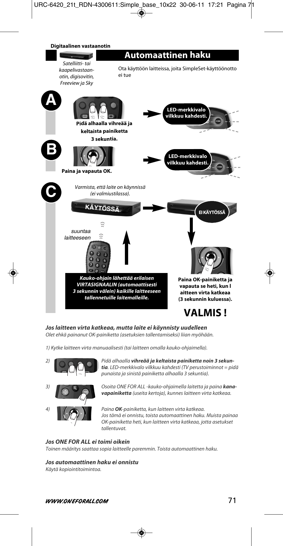 Ab c, Valmis, Automaattinen haku | One for All URC 6420 Simple 2 User Manual | Page 72 / 125