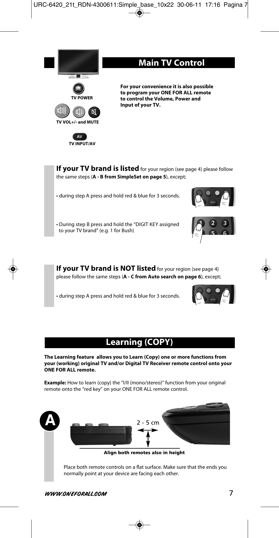 Learning (copy), Main tv control, If your tv brand is listed | If your tv brand is not listed | One for All URC 6420 Simple 2 User Manual | Page 8 / 125